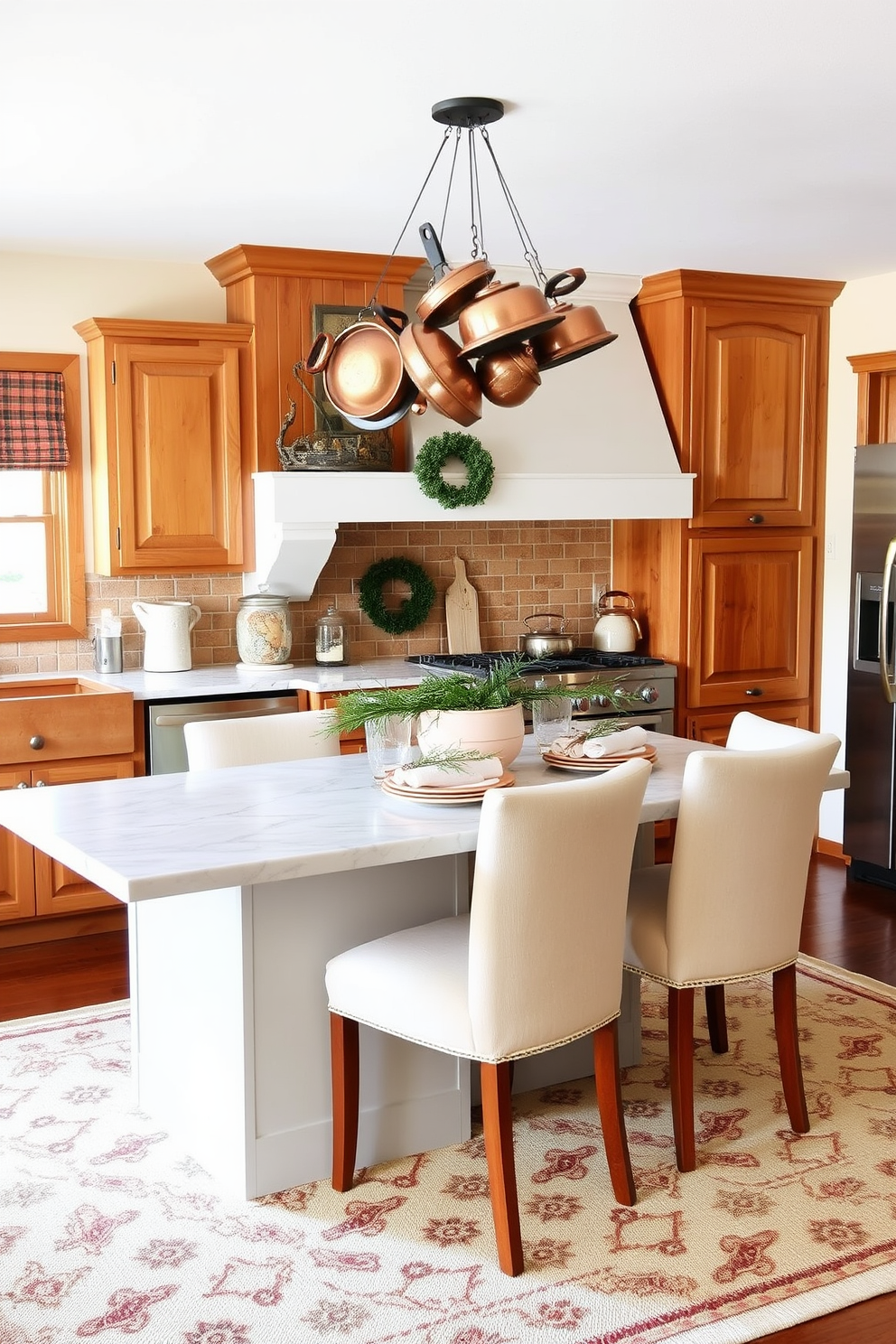 A cozy winter kitchen setting filled with warmth and charm. The space features rustic wooden cabinets paired with a sleek marble island that contrasts beautifully with the warm wood tones. To add a touch of elegance, a patterned area rug lies beneath the dining table, which is surrounded by upholstered chairs in a soft fabric. The walls are painted in a warm cream shade, and decorative elements include a mix of copper pots hanging above the stove and a collection of seasonal greenery on the countertop.