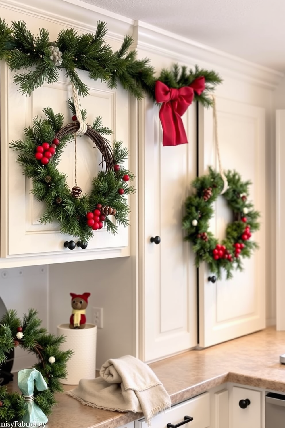 A cozy winter kitchen adorned with winter-themed wreaths hanging on the cabinets. The cabinets are painted a soft white, and the wreaths are made of pine branches, accented with red berries and small pinecones.