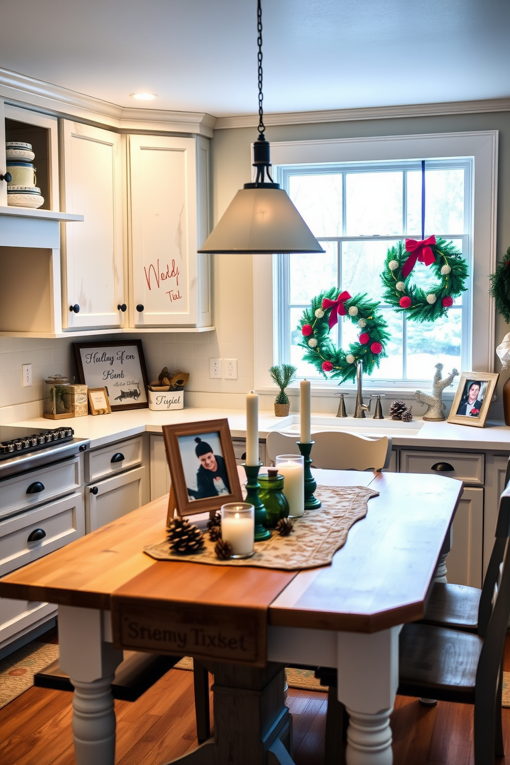 A cozy winter kitchen adorned with personalized family decor items. The wooden cabinets are painted a soft white, complemented by a rustic farmhouse table set with a festive table runner and family photos in charming frames. On the countertops, seasonal decorations like pinecones and candles create a warm atmosphere. A large window offers a view of falling snow, while a colorful wreath hangs on the door, bringing a touch of holiday spirit indoors.