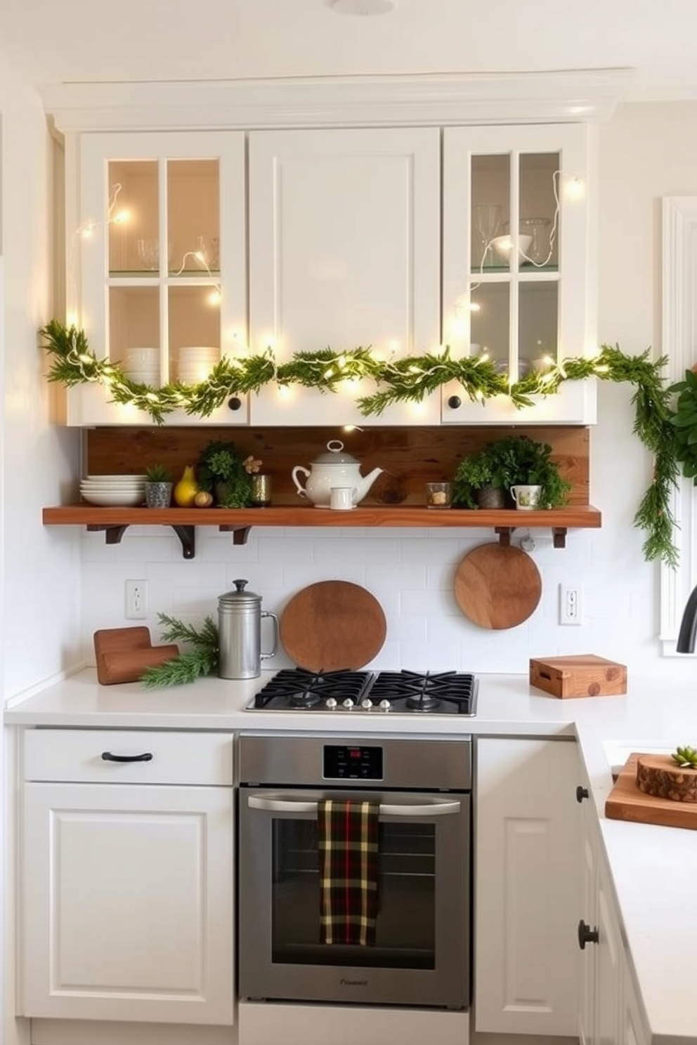 A cozy winter kitchen adorned with pinecone centerpieces that bring a touch of nature indoors. The rustic wooden table is beautifully set with an arrangement of pinecones, greenery, and soft white candles for a warm ambiance. The kitchen cabinets are painted in a soft cream color, complemented by rich wooden accents. A woven basket filled with pinecones sits on the countertop, enhancing the seasonal decor while maintaining a welcoming atmosphere.