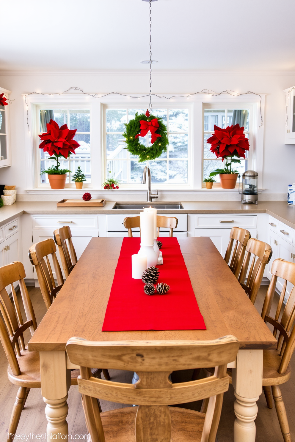 A cozy winter kitchen setting featuring a large farmhouse table surrounded by mismatched wooden chairs. The walls are painted in a soft white, and the countertops are adorned with seasonal decorations like pinecones and red berries. A vibrant red runner is placed down the center of the table, complemented by white ceramic dishes and flickering candles. The window sills are decorated with potted red poinsettias and twinkling fairy lights, creating a warm and inviting atmosphere.