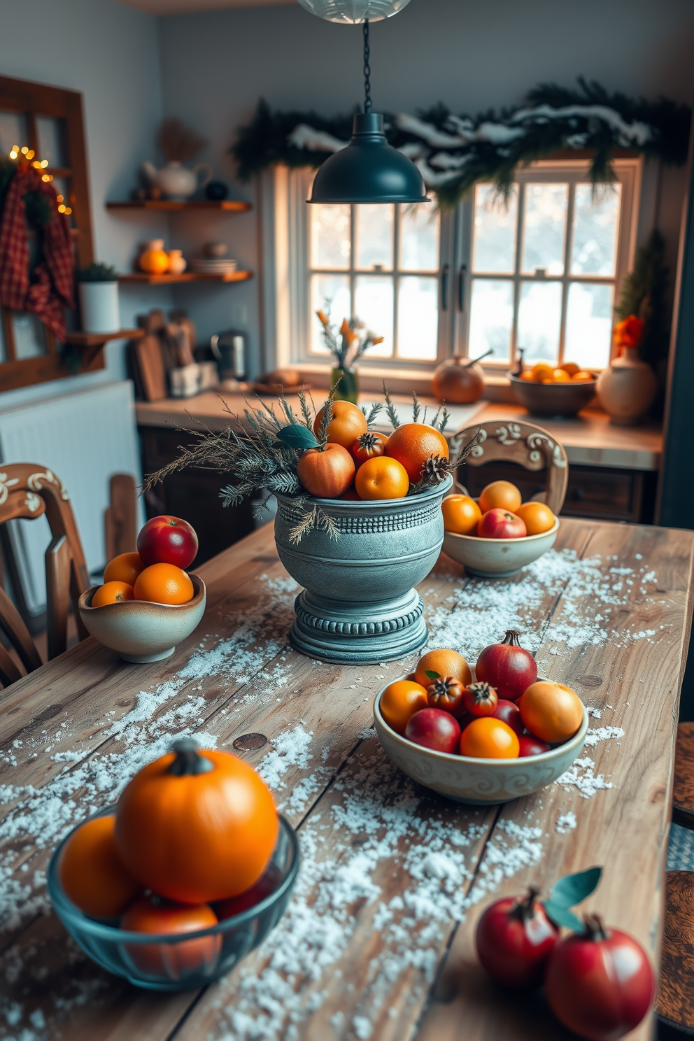 A cozy winter kitchen setting featuring a rustic wooden table adorned with bowls filled with seasonal fruits like oranges, apples, and pomegranates. The kitchen has warm lighting, and a backdrop of frosted windows adds a touch of winter charm.