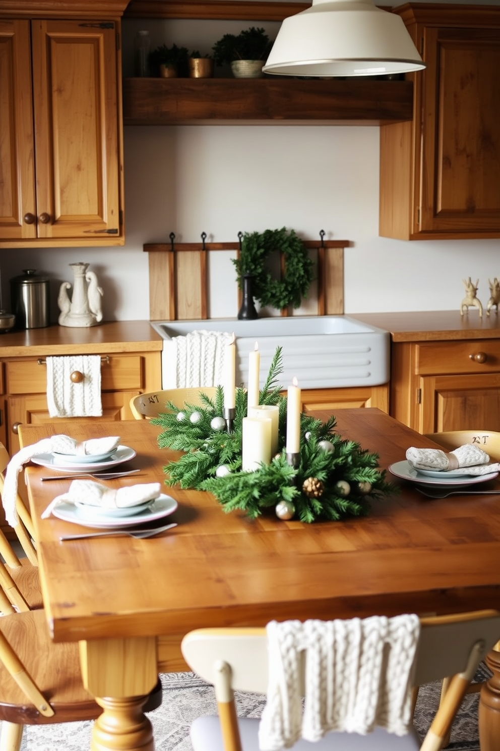 A cozy winter kitchen setting featuring warm wooden cabinets and a large farmhouse sink. The countertops are adorned with knitted dish towels in soft pastel colors, adding texture and warmth to the space. A rustic wooden dining table is set for a winter gathering, complete with a centerpiece of evergreen branches and candles. The walls are painted in a soft cream hue, creating a bright and inviting atmosphere.