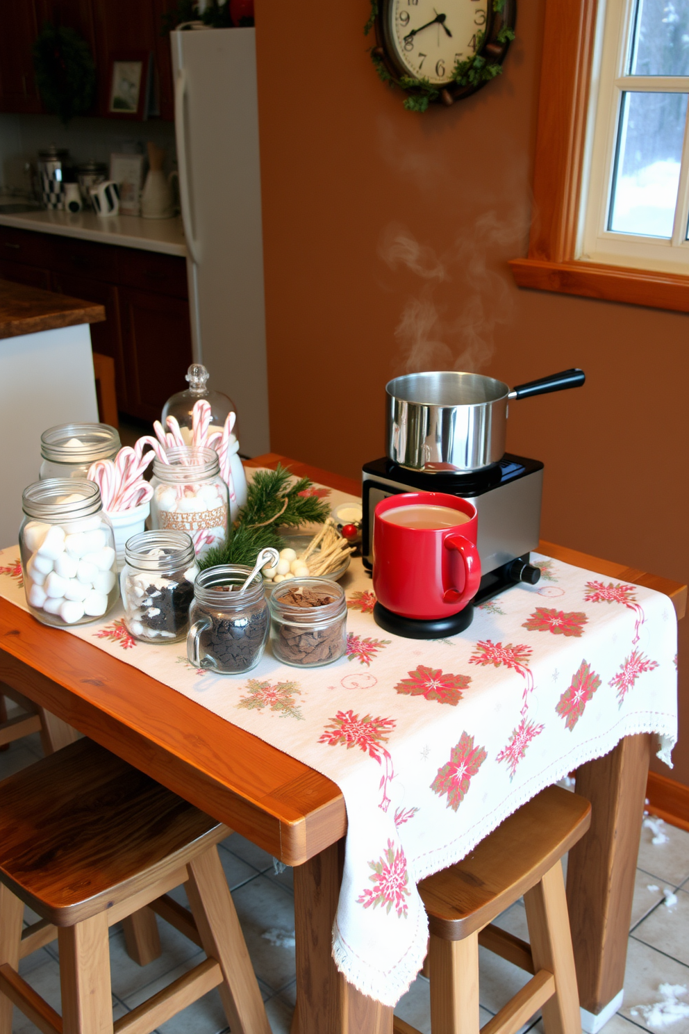 A cozy hot cocoa station is set up in a charming winter kitchen. The station features a rustic wooden table adorned with a festive tablecloth, surrounded by comfortable stools. On the table, there are various toppings displayed in clear glass jars, including marshmallows, peppermint sticks, and chocolate shavings. A steaming pot of rich hot cocoa sits on a small stove nearby, with mugs ready for serving.