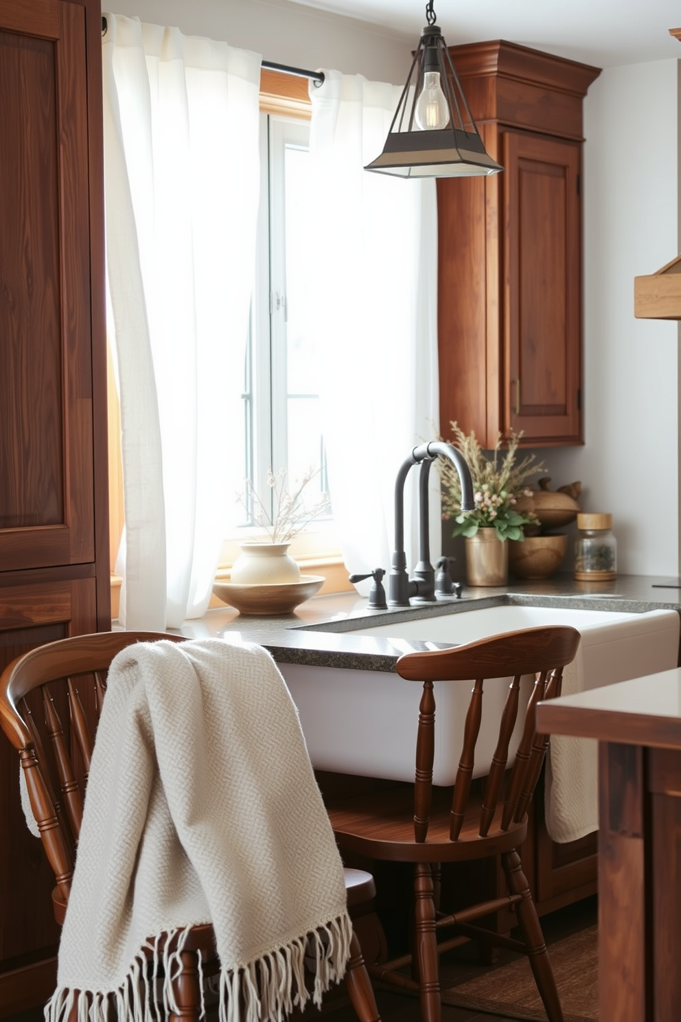 A cozy winter kitchen adorned with neutral colored ornaments placed in elegant bowls. The countertops are decorated with a mix of textured fabrics and natural elements, creating a warm and inviting atmosphere.