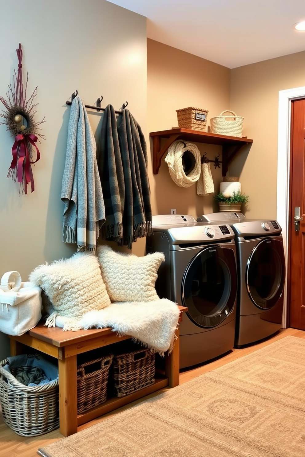 A cozy winter laundry room features soft, fluffy blankets draped over a wooden bench near the entrance. The walls are painted in a warm, inviting color, and decorative storage baskets hold seasonal items.