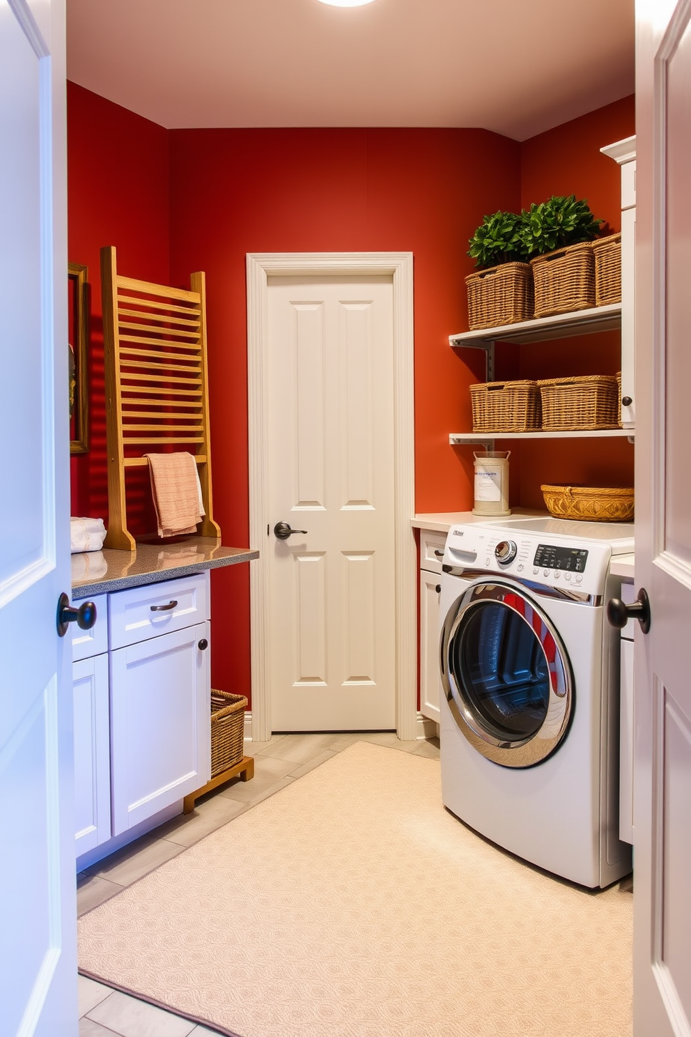 A winter laundry room featuring a soft color palette with cool tones. The walls are painted in a light icy blue, complemented by white cabinetry and a sleek gray countertop. Natural light floods the space through a large window, illuminating the room's cozy atmosphere. A woven basket filled with freshly laundered towels sits next to a modern washing machine, adding a touch of warmth.