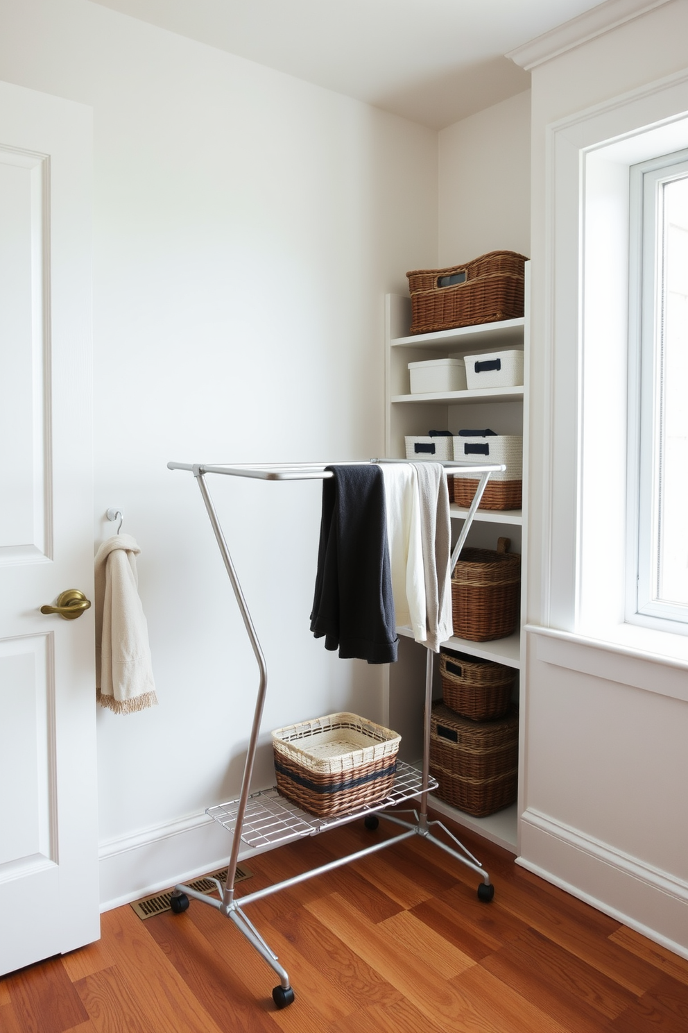 A cozy winter laundry room featuring decorative baskets for organization. The baskets are woven with natural fibers and come in various sizes, arranged neatly on shelves for easy access.