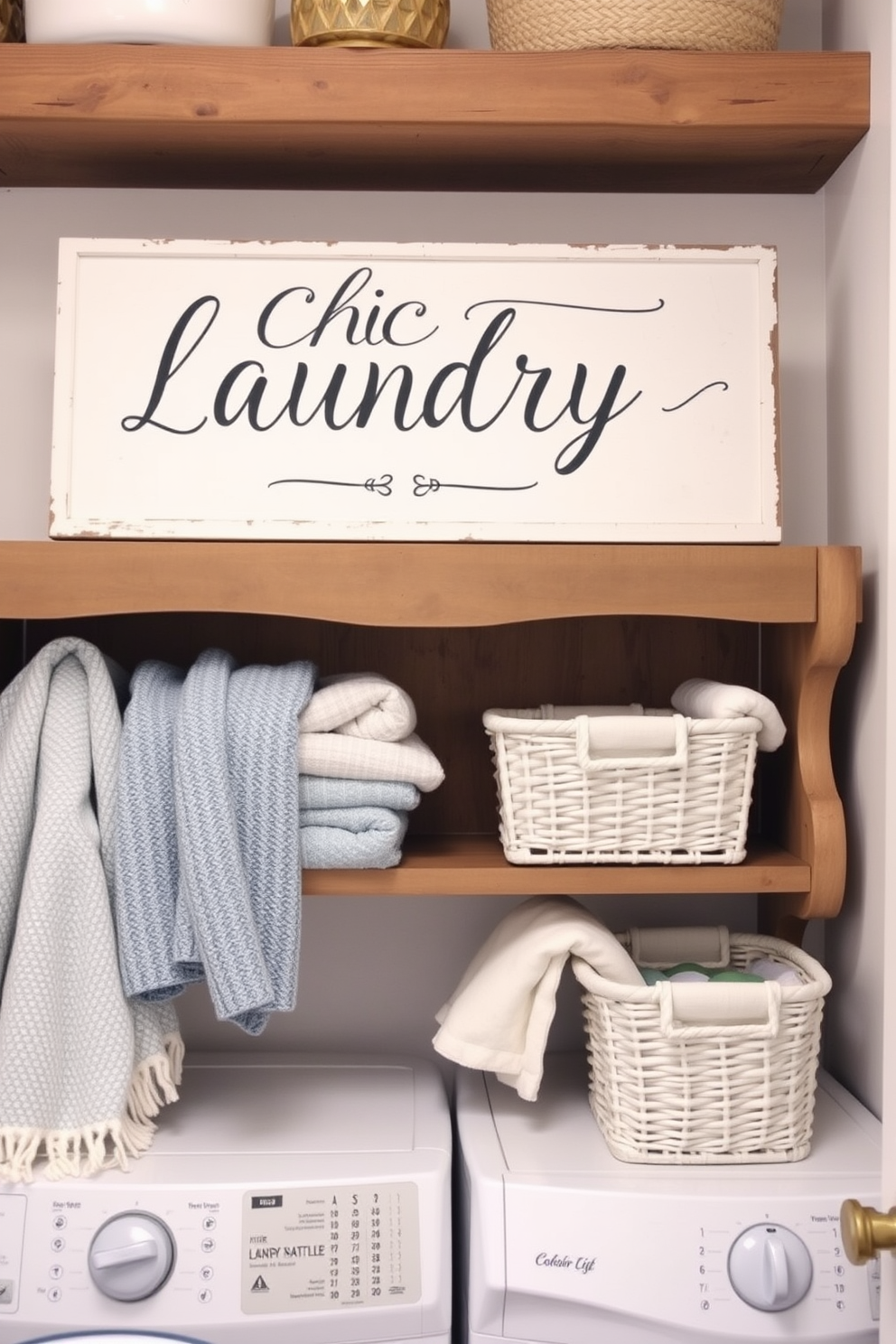 Chic laundry sign that adds personality to the space. The sign features elegant typography and a playful design, perfectly complementing the winter-themed decor. The laundry room is adorned with cozy textiles in soft blues and whites. A vintage wooden shelf displays neatly folded towels and decorative storage baskets, enhancing the inviting atmosphere.