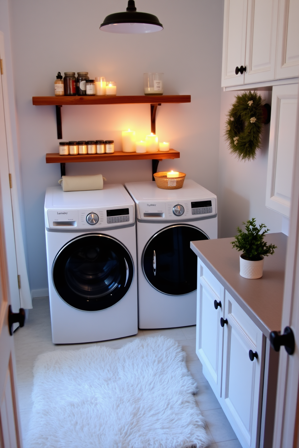 A cozy winter laundry room with soft lighting and a soothing atmosphere created by flickering candles. The space features a rustic wooden shelf adorned with various scented candles, while a plush rug lies beneath the washing machine and dryer. The walls are painted in a calming light blue, complemented by white cabinetry for a clean look. A small potted plant sits on the countertop, adding a touch of greenery to the inviting space.