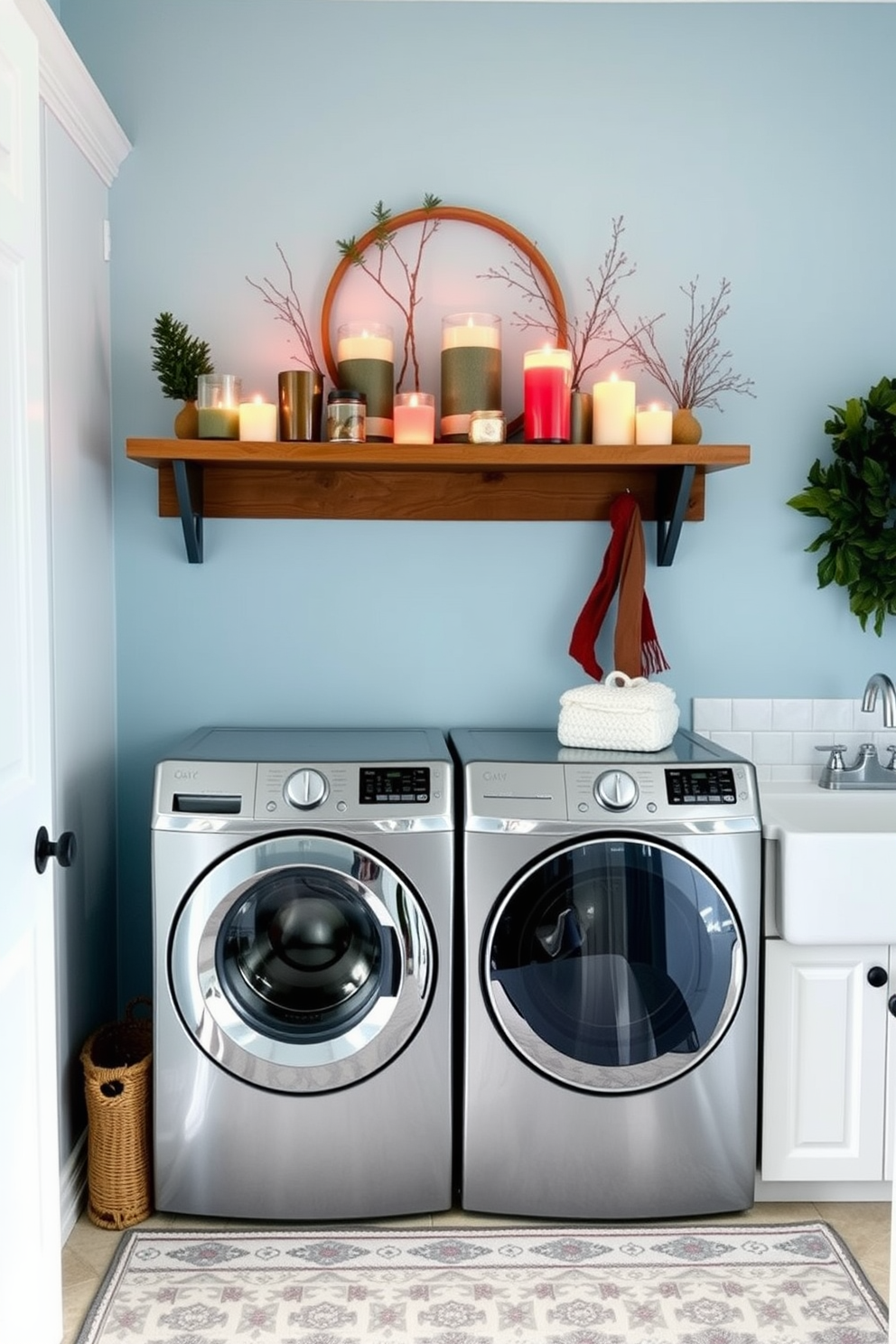 A cozy laundry room filled with layered textiles that create a warm and inviting atmosphere. Soft, plush rugs are layered on a hardwood floor, while colorful woven baskets add texture and functionality. The walls are painted in a soft blue hue, complemented by white cabinetry that provides ample storage. A large window allows natural light to flood the space, highlighting the cheerful patterns of the curtains and throw pillows.