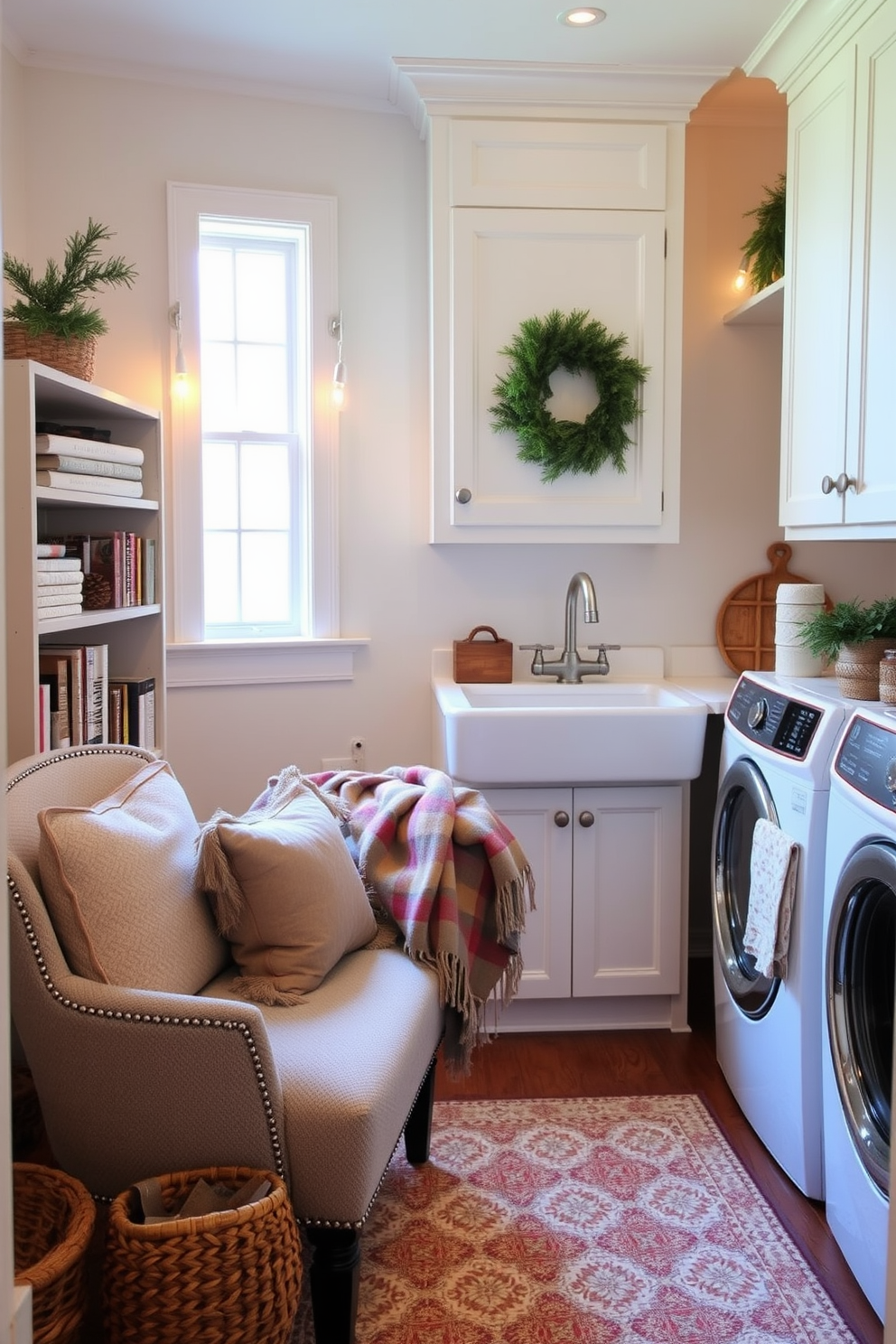 Cozy seating nook for relaxation. Imagine a small corner filled with plush cushions and a soft throw blanket on a vintage armchair, surrounded by warm ambient lighting and a small bookshelf filled with favorite reads. Winter laundry room decorating ideas. Picture a bright and airy laundry room with white cabinetry, a farmhouse sink, and seasonal decor such as pinecones and evergreen branches, complemented by a cozy rug underfoot for warmth.