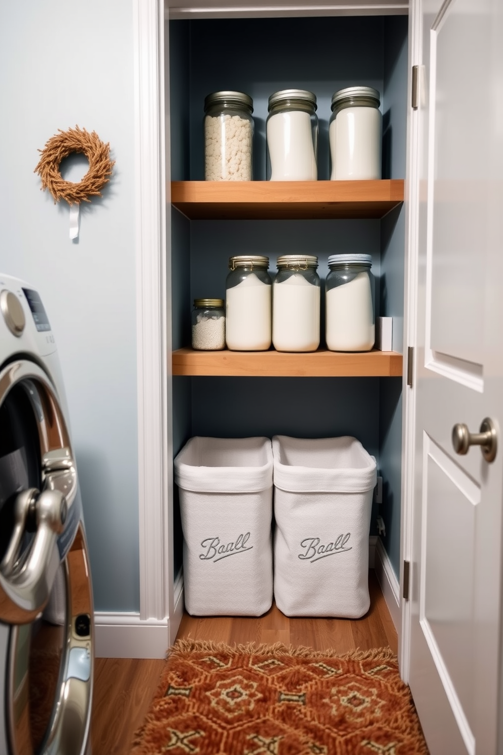 A cozy winter laundry room features decorative jars filled with laundry supplies neatly arranged on a wooden shelf. The walls are painted in a soft blue hue, and a warm, textured rug lies on the floor, adding comfort to the space.