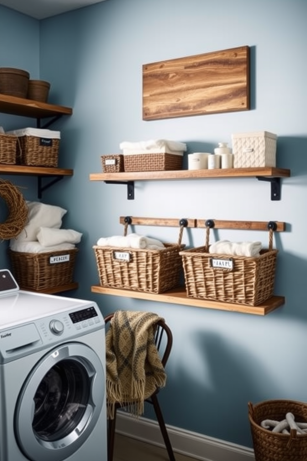 A cozy winter laundry room features wall-mounted shelves made of reclaimed wood, providing extra storage for baskets and supplies. The walls are painted a soft blue, and a warm throw blanket is draped over a nearby chair for added comfort.