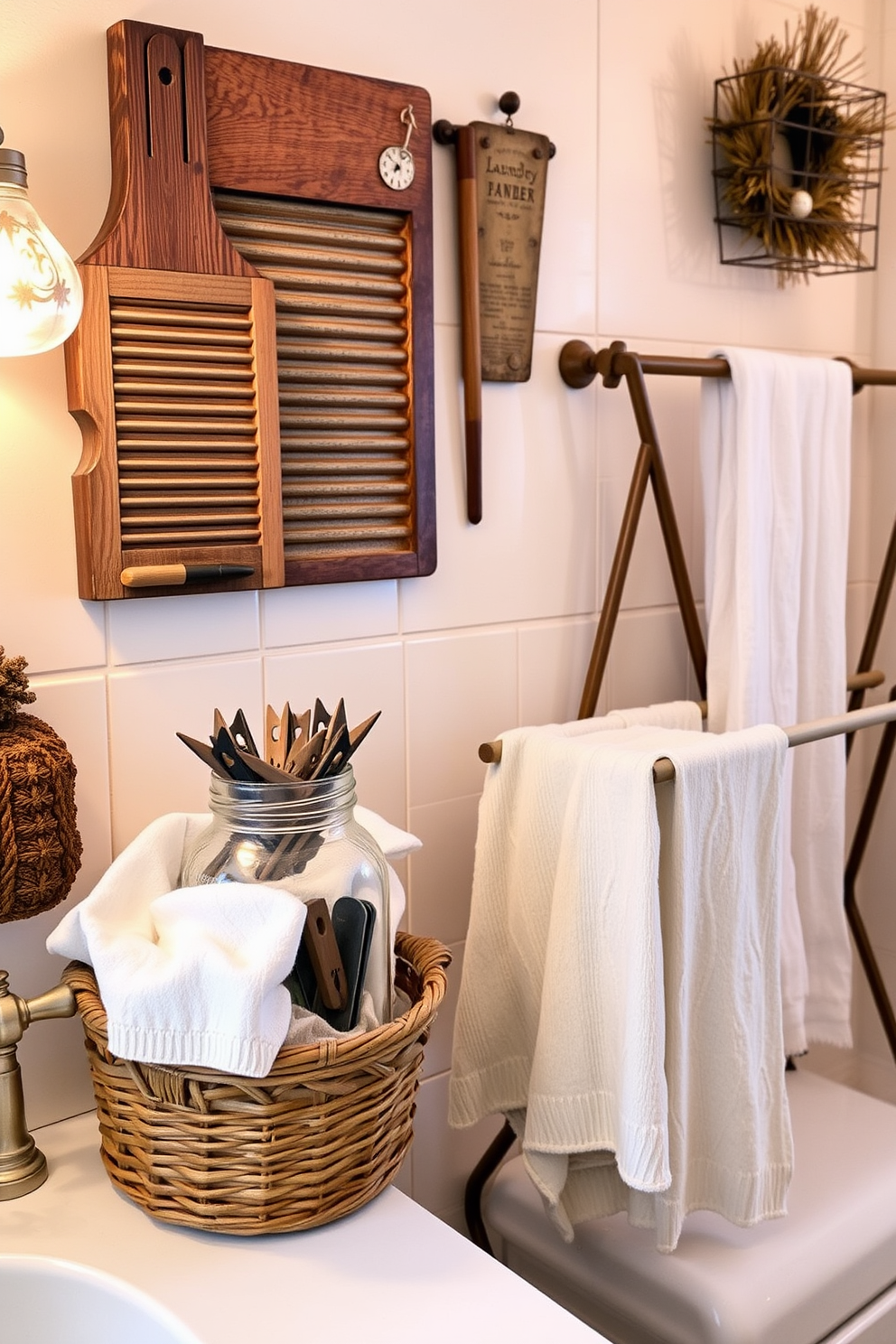 A vibrant laundry room featuring colorful laundry baskets in various sizes and patterns. The walls are painted in a light, cheerful hue, and a cozy rug lies beneath a folding table adorned with fresh flowers.