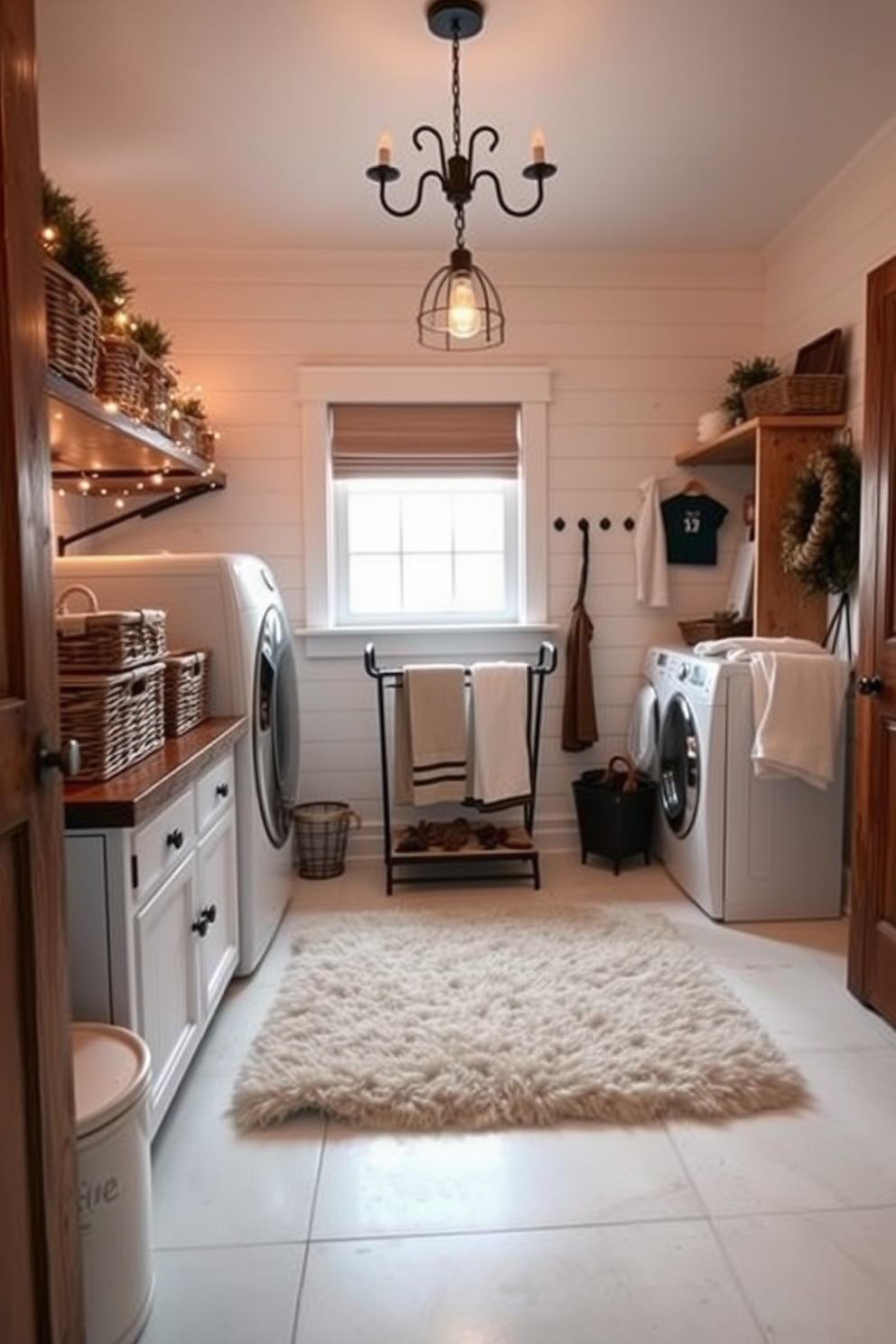 A winter laundry room filled with warm lighting creates a cozy ambiance. The space features a rustic wooden countertop with neatly organized baskets and a stylish drying rack. Soft white walls complement the warm wooden accents, while a vintage light fixture hangs above. A plush area rug adds comfort underfoot, and seasonal decor enhances the inviting feel of the room.