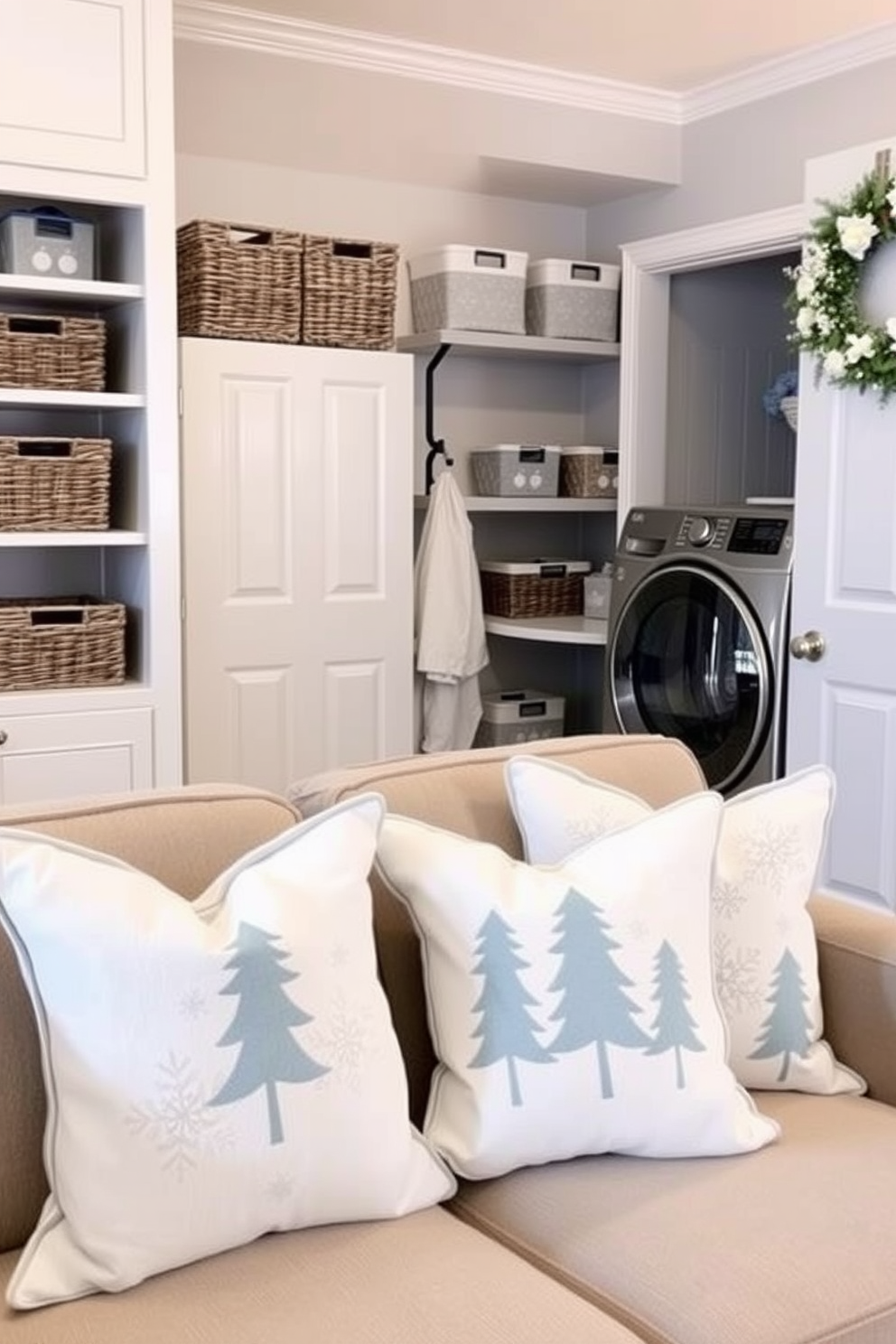 Cozy winter-themed throw pillows are arranged on a plush sofa, featuring patterns of snowflakes and pine trees in soft blues and whites. The pillows add warmth and comfort to the space, inviting relaxation during the chilly season. The laundry room is decorated with a winter theme, showcasing a light gray color palette with accents of icy blue. Functional shelving is adorned with decorative baskets, and a cheerful winter wreath hangs on the door, enhancing the seasonal charm.