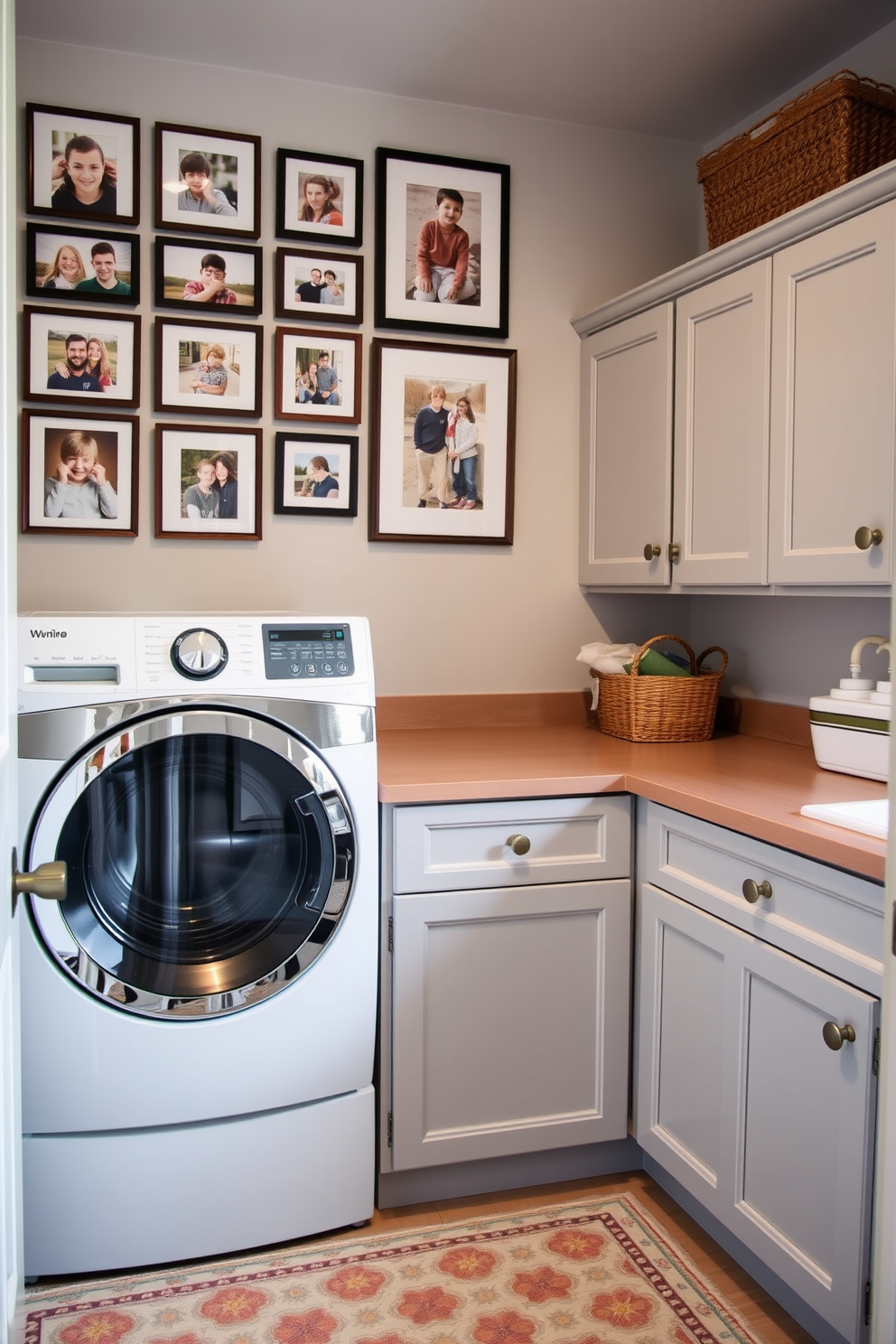 A bright and airy laundry room features a stylish calendar with artistic illustrations of winter scenes. The walls are painted in a soft blue hue, and a wooden countertop is adorned with decorative storage baskets and seasonal accents.