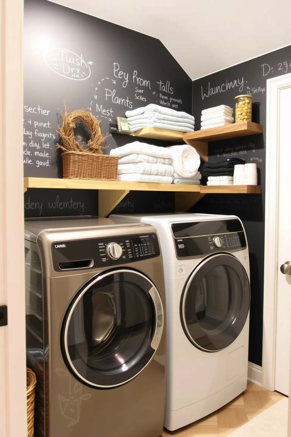 A cozy winter laundry room with warm-toned paint on the walls creating an inviting atmosphere. The space features a wooden countertop with a farmhouse sink and open shelving displaying neatly folded towels and baskets.