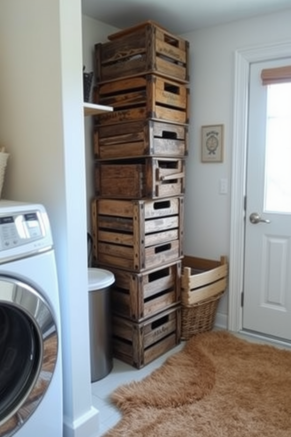 A cozy winter laundry room features decorative jars filled with laundry supplies neatly arranged on a rustic wooden shelf. Soft, warm lighting illuminates the space, creating an inviting atmosphere perfect for tackling household chores.