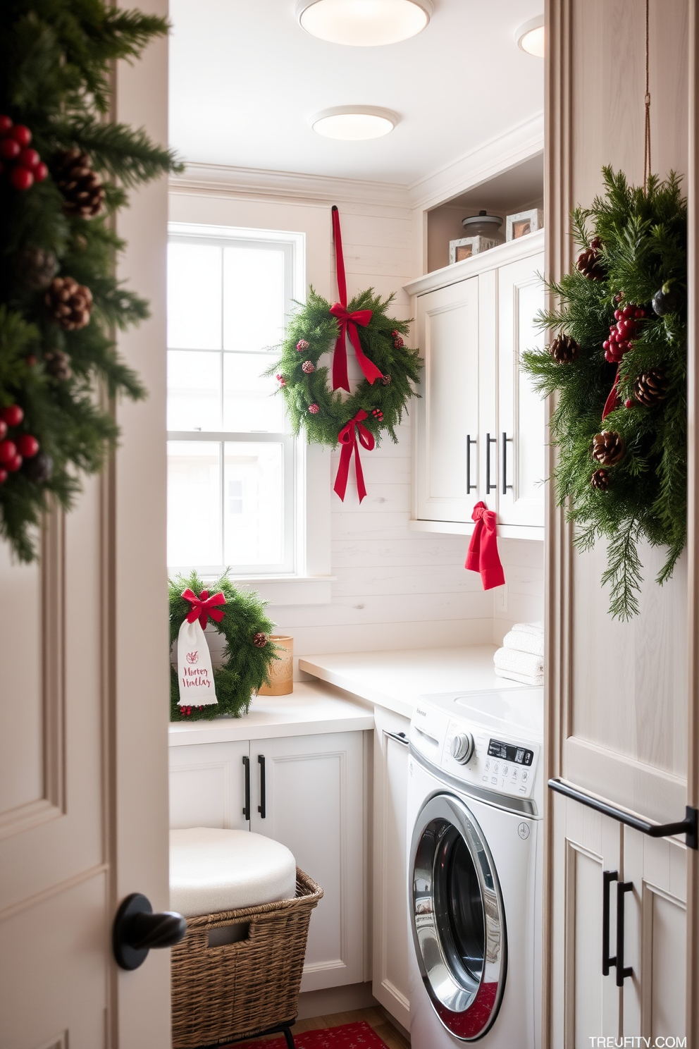 A cozy laundry room adorned with seasonal wreaths to welcome guests. The wreaths are made of evergreen branches and adorned with red berries and pine cones, creating a festive atmosphere. The laundry room features a functional design with ample storage and a folding area. Soft white cabinetry contrasts with the warm wooden accents, while a large window allows natural light to brighten the space.