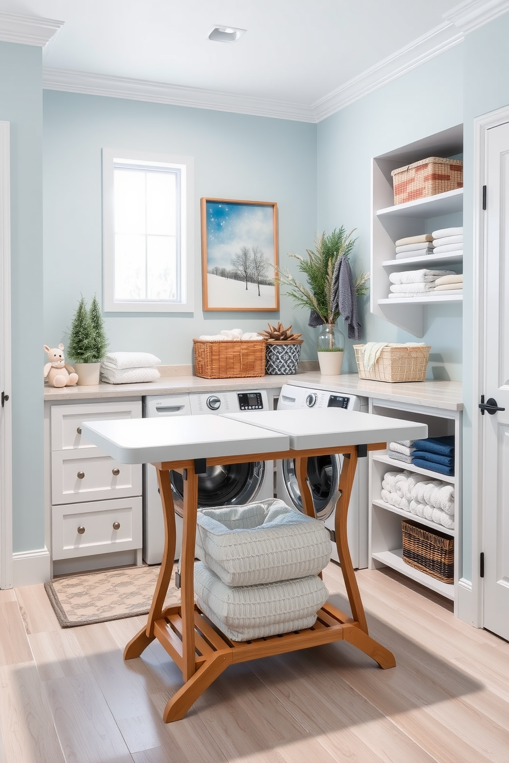 A functional folding table is positioned in the center of a bright winter laundry room. The table features a sleek design with ample space for folding clothes, surrounded by organized storage solutions. The walls are painted in a soft icy blue, creating a tranquil atmosphere. Decorative elements like winter-themed artwork and cozy textiles enhance the room's inviting feel.