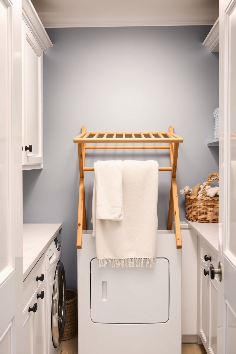 A cozy winter laundry room features a wall-mounted drying rack made of natural wood, elegantly positioned to maximize space. The walls are painted in a soft blue hue, complemented by white cabinetry that offers ample storage for laundry essentials.