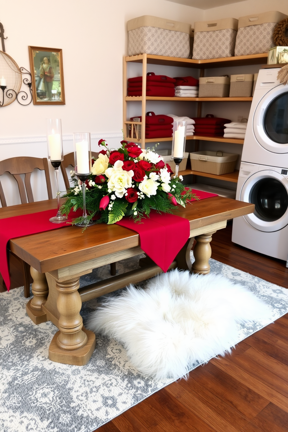 A beautifully arranged seasonal table decor features a rustic wooden table adorned with a vibrant red tablecloth. Centered on the table is a stunning floral arrangement of white and red blooms, complemented by flickering candlelight in glass holders. The winter laundry room is designed with cozy elements such as a soft area rug in shades of gray and white. Shelves are lined with neatly folded towels and decorative storage bins, creating an inviting and organized space.