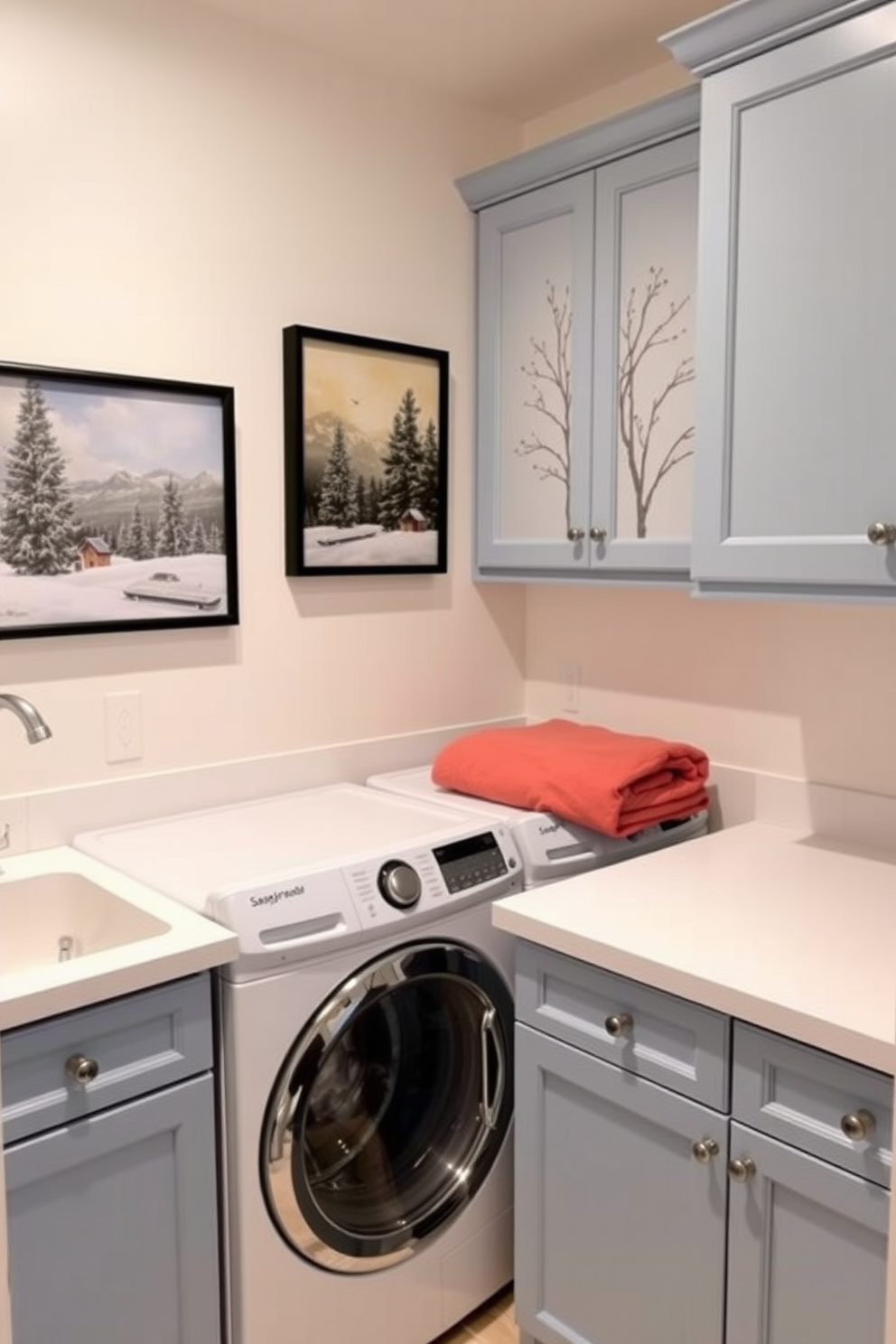 A cozy laundry room adorned with seasonal artwork on the walls showcasing winter themes. The space features a functional washer and dryer, with soft blue cabinetry and a white countertop for folding clothes.