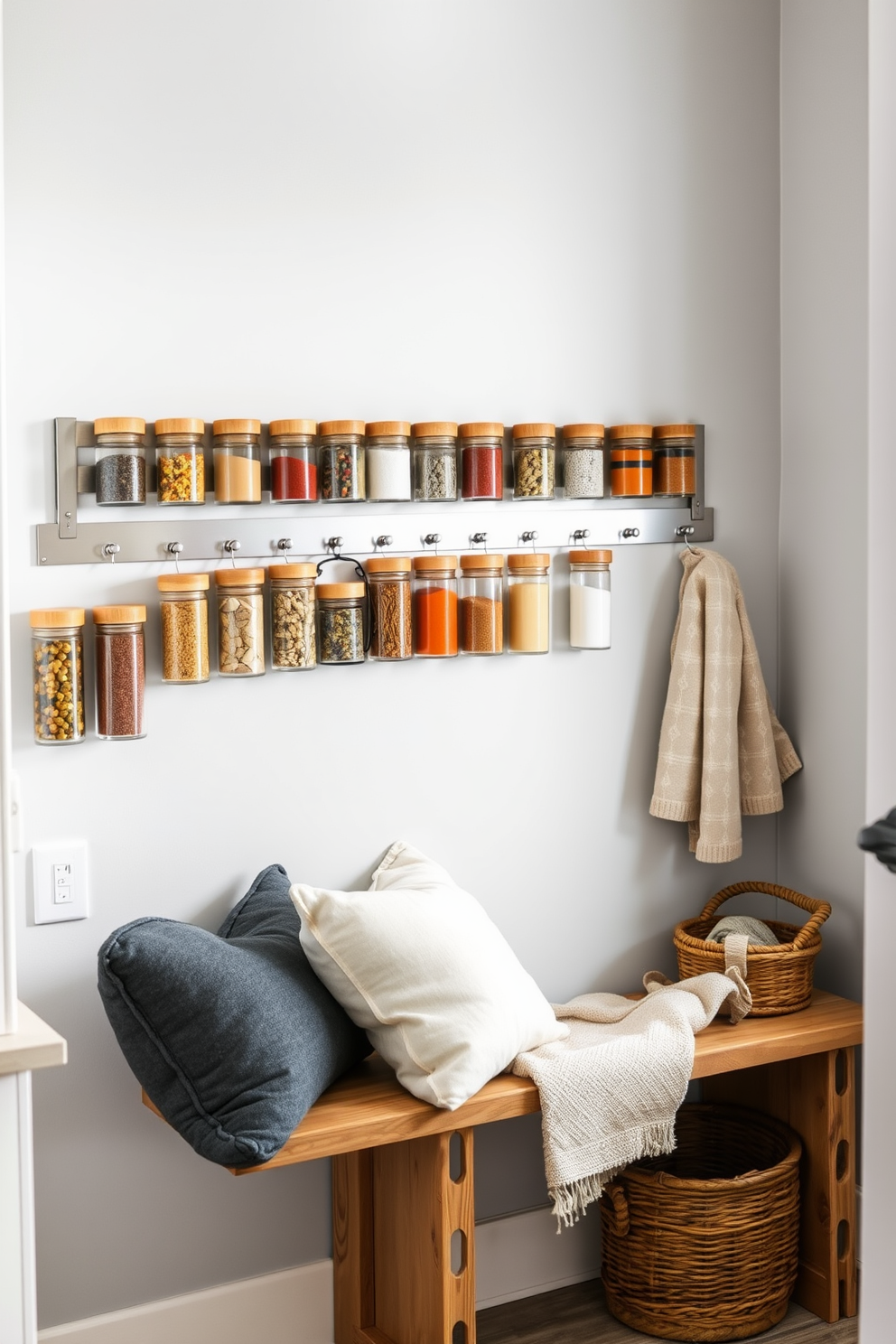 Magnetic spice jars are arranged on a sleek metal strip mounted on the wall, showcasing a variety of colorful spices. The jars are clear glass with wooden lids, creating an organized and visually appealing display in the kitchen. The winter laundry room features a cozy design with soft gray walls and white cabinetry. A rustic wooden bench is placed near the entrance, adorned with plush cushions and a woven basket for storing winter accessories.