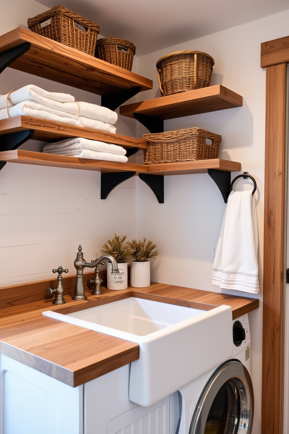 A cozy winter laundry room features rustic wood accents that add charm and warmth to the space. The walls are painted in a soft white, while the wooden shelves display neatly folded towels and decorative baskets. A farmhouse-style sink sits on a wooden countertop, complemented by vintage-style faucets. Soft, warm lighting illuminates the room, creating an inviting atmosphere perfect for laundry tasks.