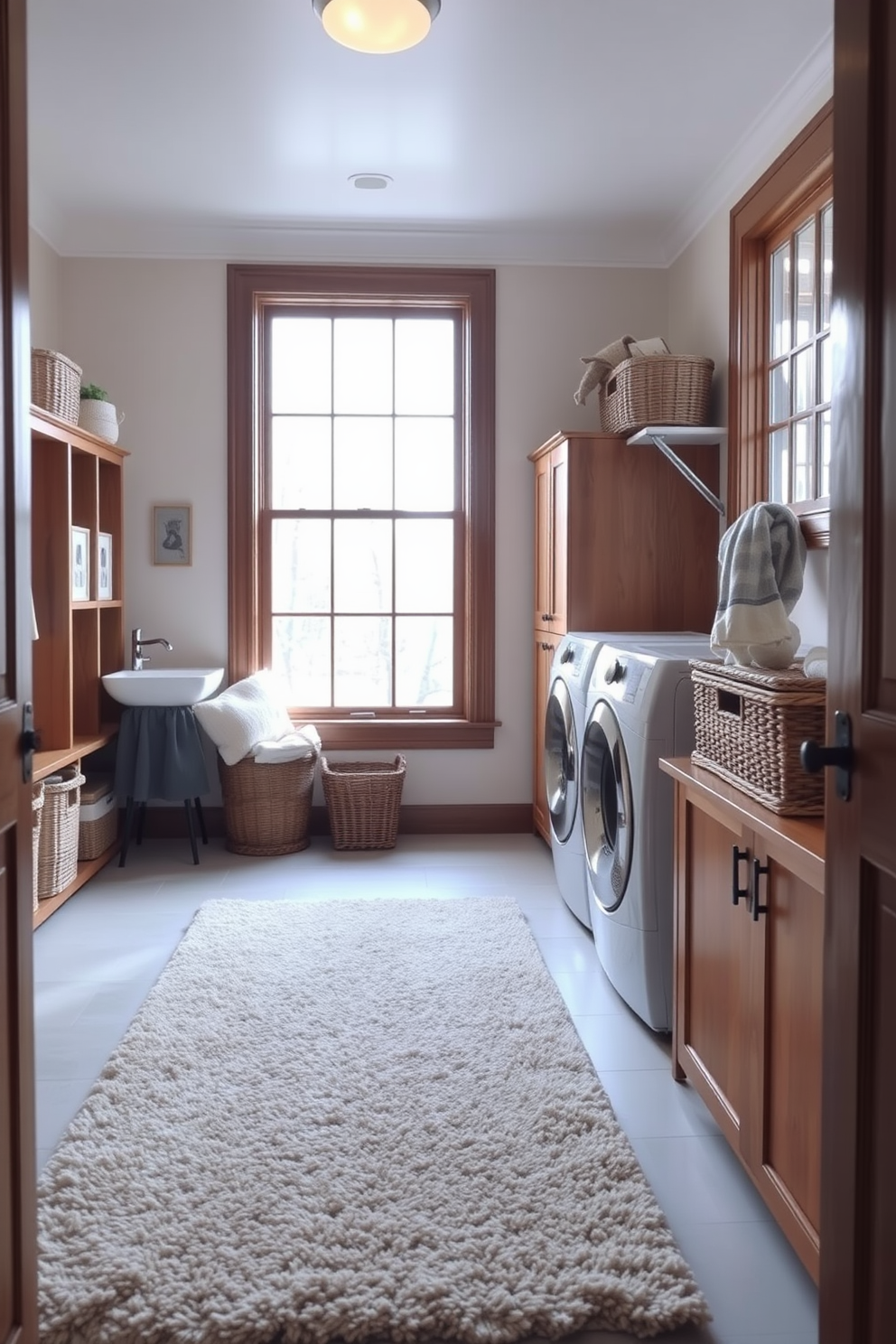 A cozy winter laundry room features a soft area rug in a neutral tone that adds comfort underfoot. The space is brightened by natural light streaming through large windows, complemented by warm wood cabinetry and decorative storage baskets.