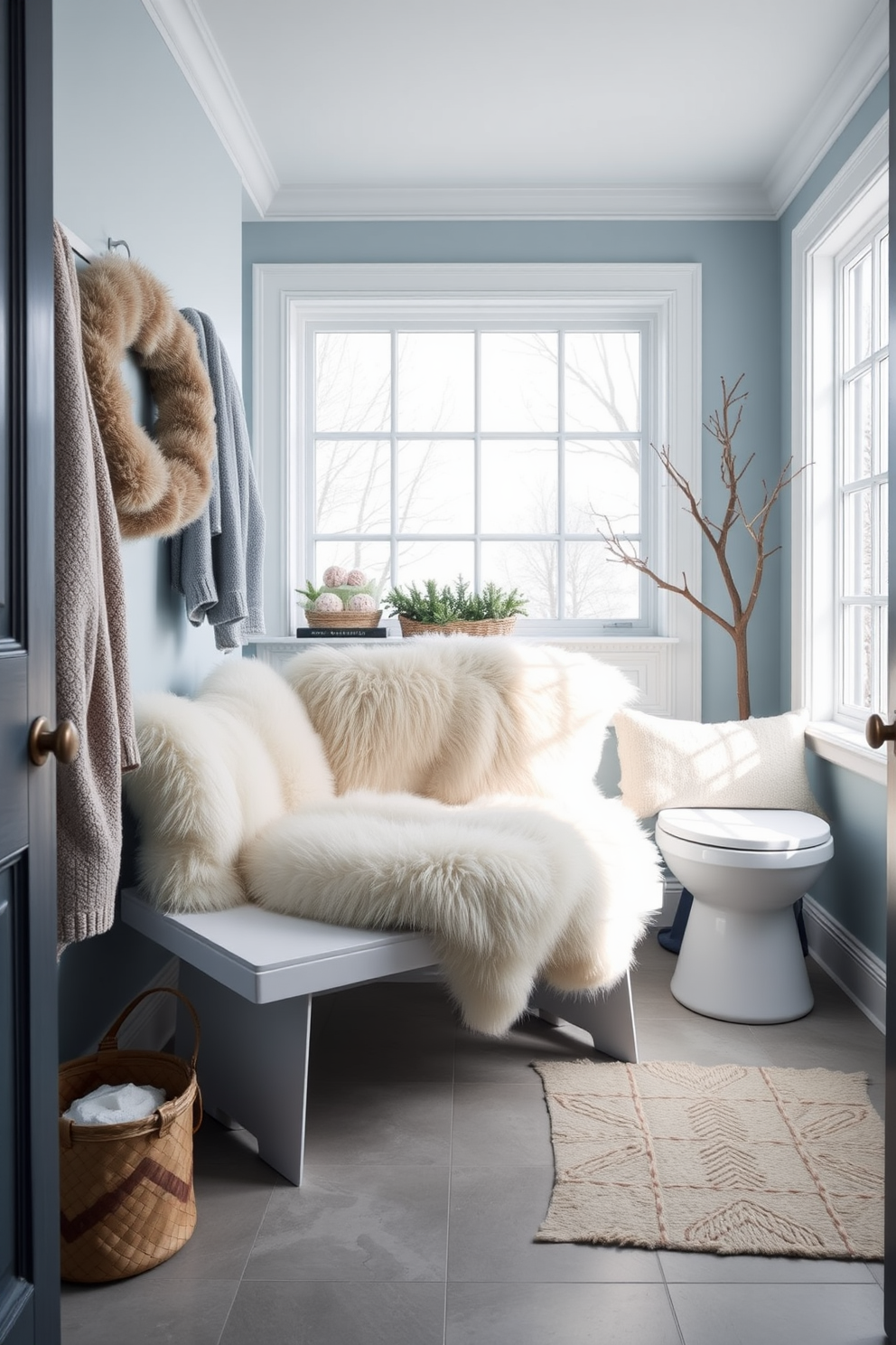 A cozy laundry room featuring warm lighting fixtures that create a welcoming ambiance. The walls are painted in a soft cream color, and the space is adorned with rustic wooden shelves filled with neatly folded towels and laundry essentials. A stylish washer and dryer are tucked away behind elegant cabinetry, providing a seamless look. Decorative elements such as potted plants and framed artwork add a personal touch to the winter-themed decor.