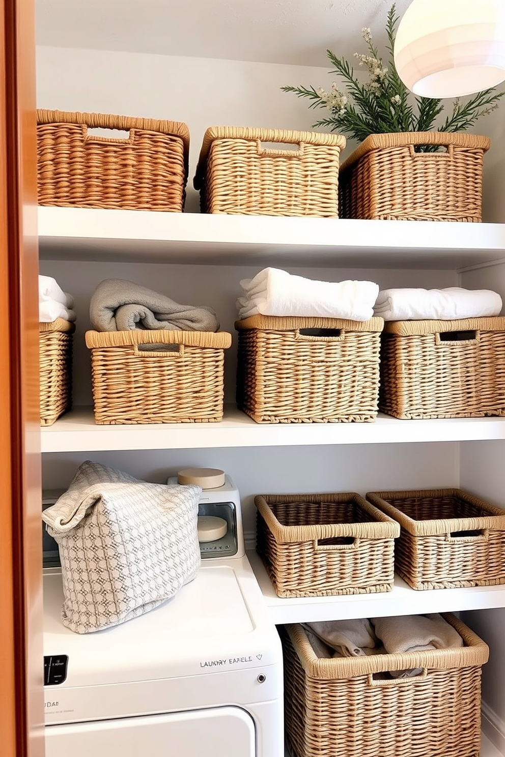 A cozy winter laundry room adorned with snowflake decorations on the windows. The space features a rustic wooden shelf holding neatly folded towels and a wicker basket filled with winter essentials.