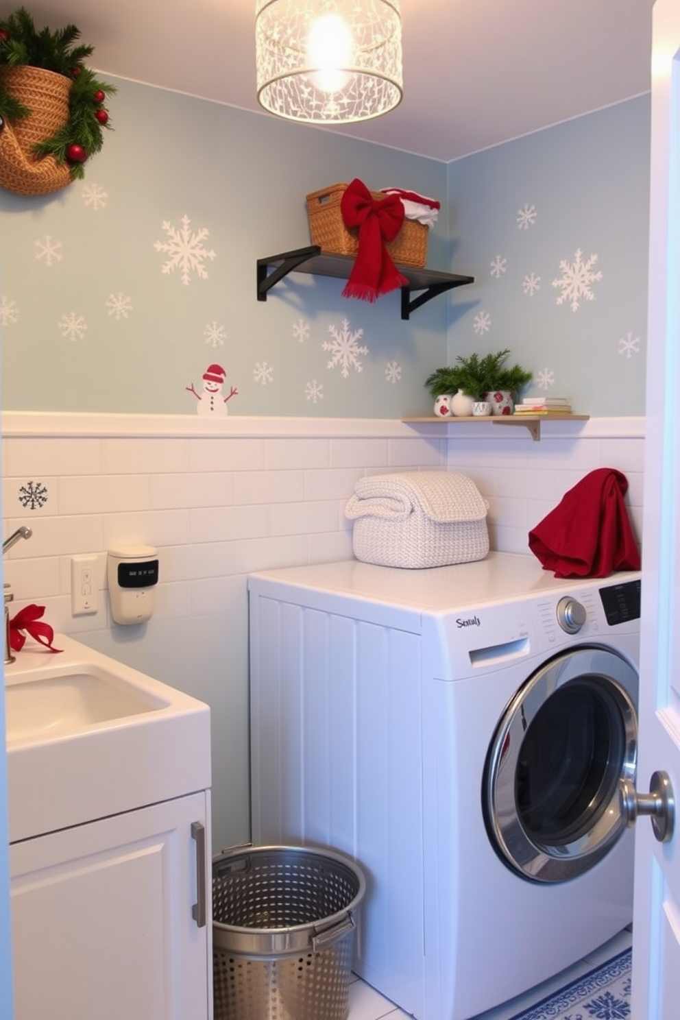 A cozy winter laundry room adorned with playful wall decals featuring snowflakes and snowmen. The walls are painted in a soft blue hue, creating a serene backdrop for the festive decorations.