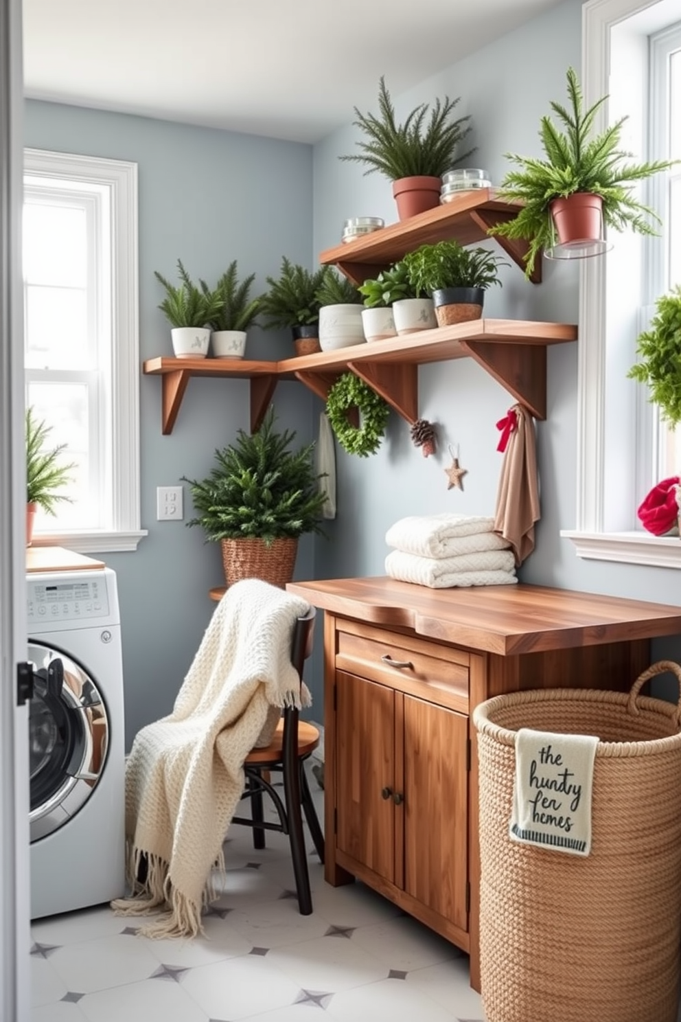 A cozy winter laundry room adorned with vintage laundry signs that add a touch of charm. The walls are painted in a soft pastel color, and rustic wooden shelves display neatly folded towels and laundry essentials.