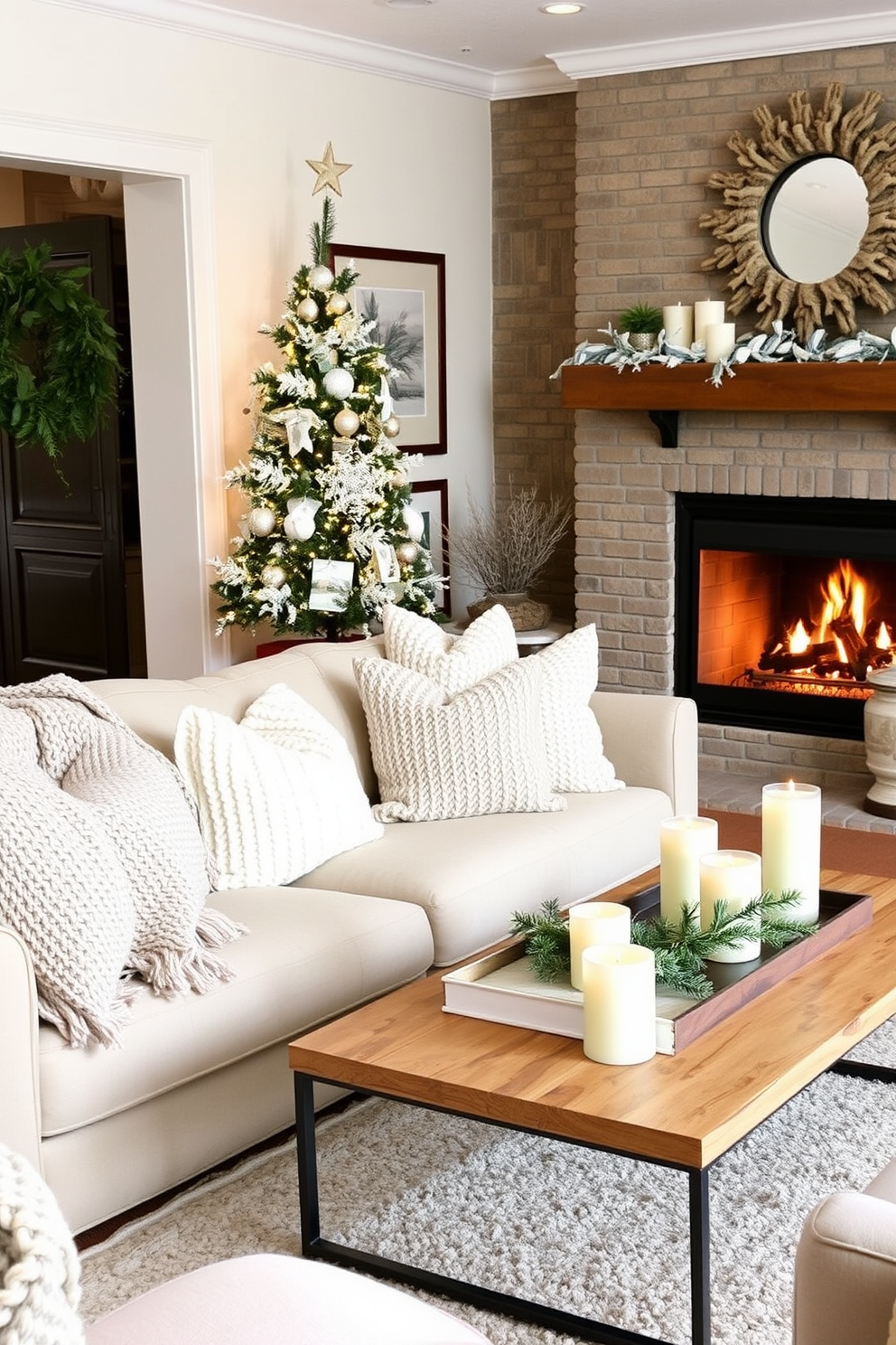 A cozy winter living room features a plush sofa adorned with soft, textured knit blankets in warm neutral tones. The space is complemented by a crackling fireplace, with a stylish coffee table adorned with seasonal decor and candles.