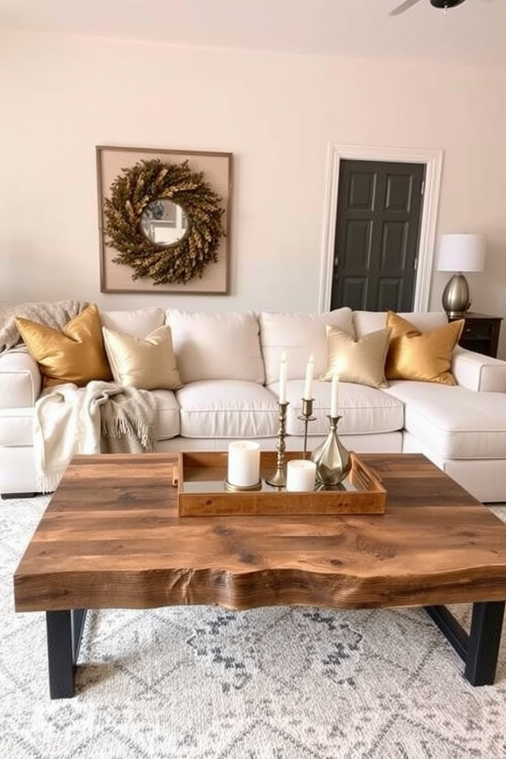 A cozy winter living room adorned with warm metallic decor accents. The space features a plush sectional sofa draped with a soft throw blanket and accented with metallic gold and bronze cushions. A large coffee table made of reclaimed wood sits at the center, topped with a decorative tray holding candles and a metallic sculpture. The walls are painted in a soft cream color, and a stylish area rug with subtle geometric patterns adds warmth underfoot.