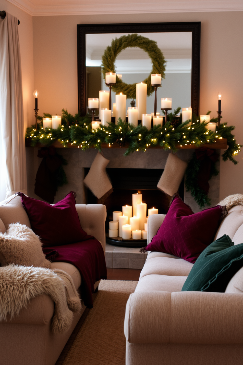 A cozy winter living room filled with seasonal scented candles that create a warm ambiance. Plush sofas are adorned with soft, textured throws and decorative pillows in rich hues of burgundy and deep green. A beautifully decorated mantel features an array of candles in varying heights, complemented by evergreen garlands and twinkling fairy lights. The room is illuminated by a soft glow, inviting relaxation and comfort during the chilly winter months.