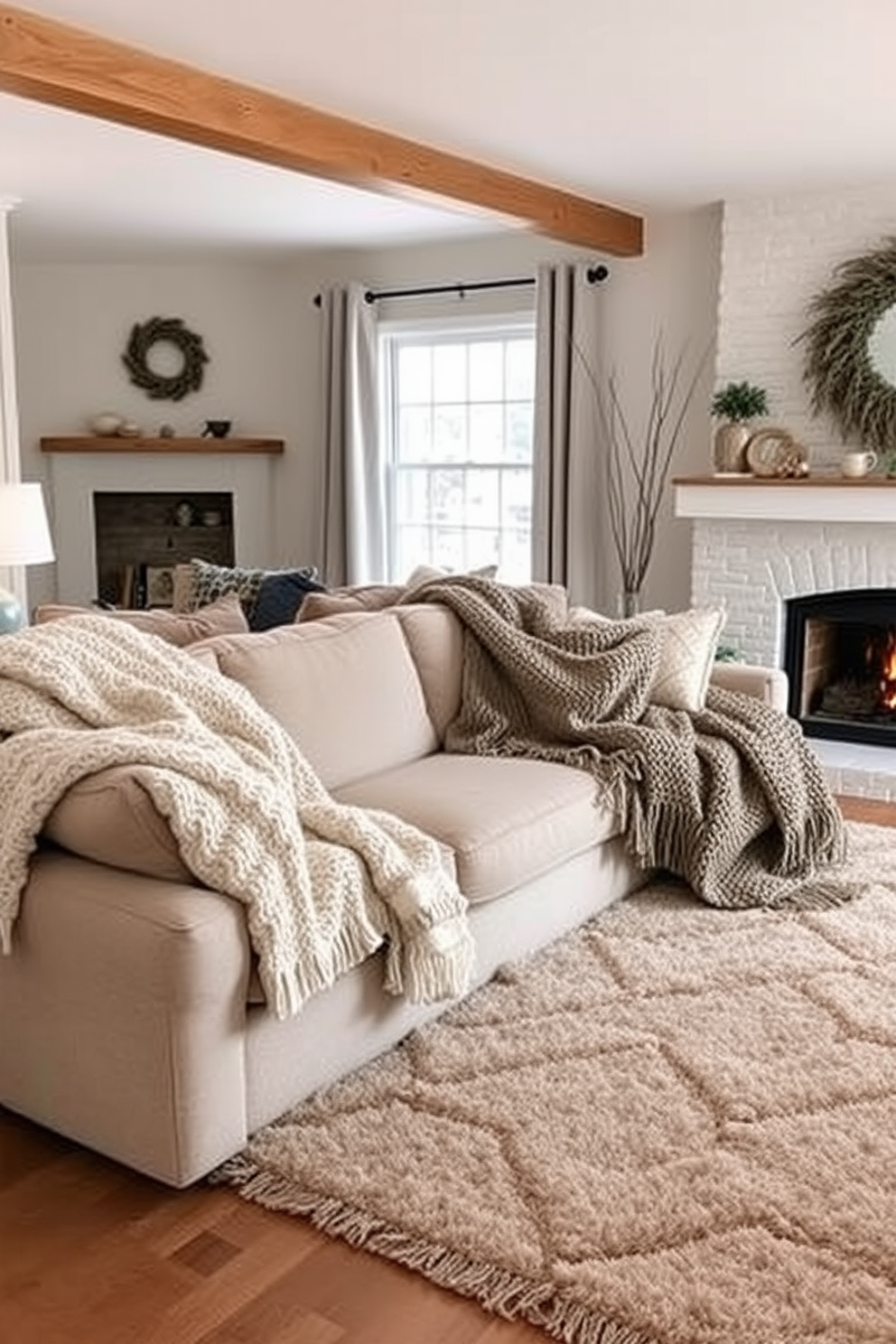 A cozy winter living room features oversized knit throws draped casually over a plush, neutral-toned sofa. A large, inviting area rug anchors the space, while a warm fireplace adds a touch of ambiance and comfort.