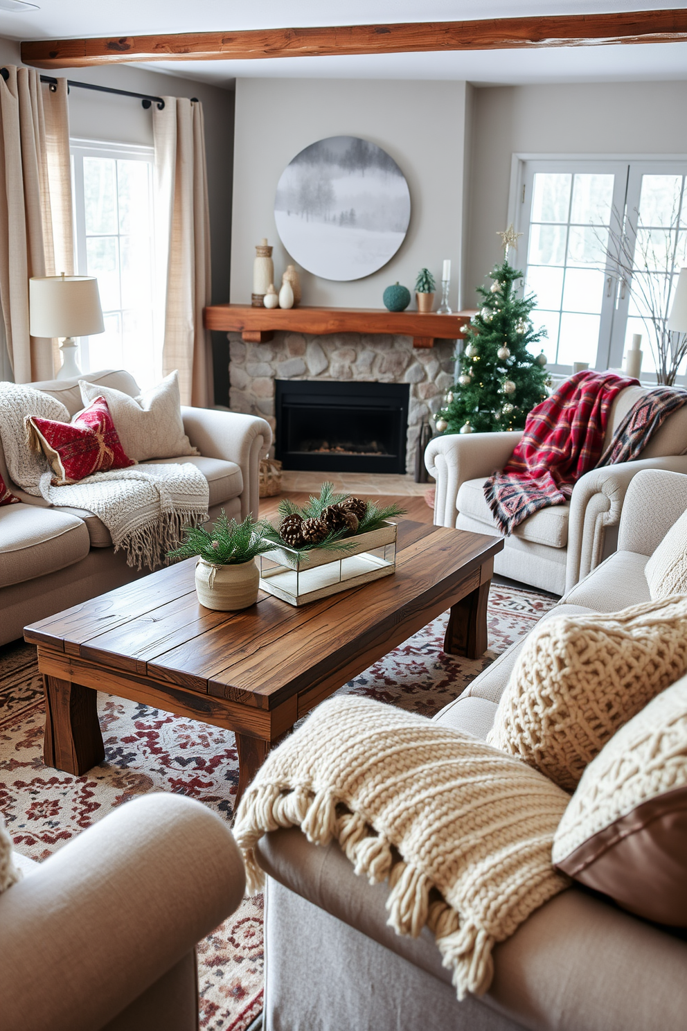 A rustic wooden coffee table serves as the centerpiece of the cozy winter living room. Surrounding the table are plush, oversized sofas adorned with warm, knitted throws and seasonal cushions.