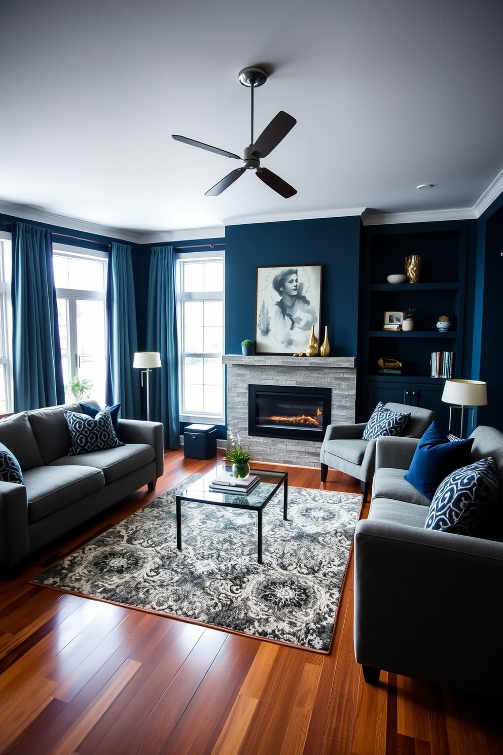 A cozy winter living room featuring a dark blue and green color palette. Plush sofas adorned with patterned throw pillows invite relaxation, while a large area rug adds warmth to the hardwood floor. A modern fireplace serves as the focal point, framed by built-in shelves displaying stylish decor. Large windows draped with heavy curtains allow natural light to filter in, enhancing the room's inviting atmosphere.