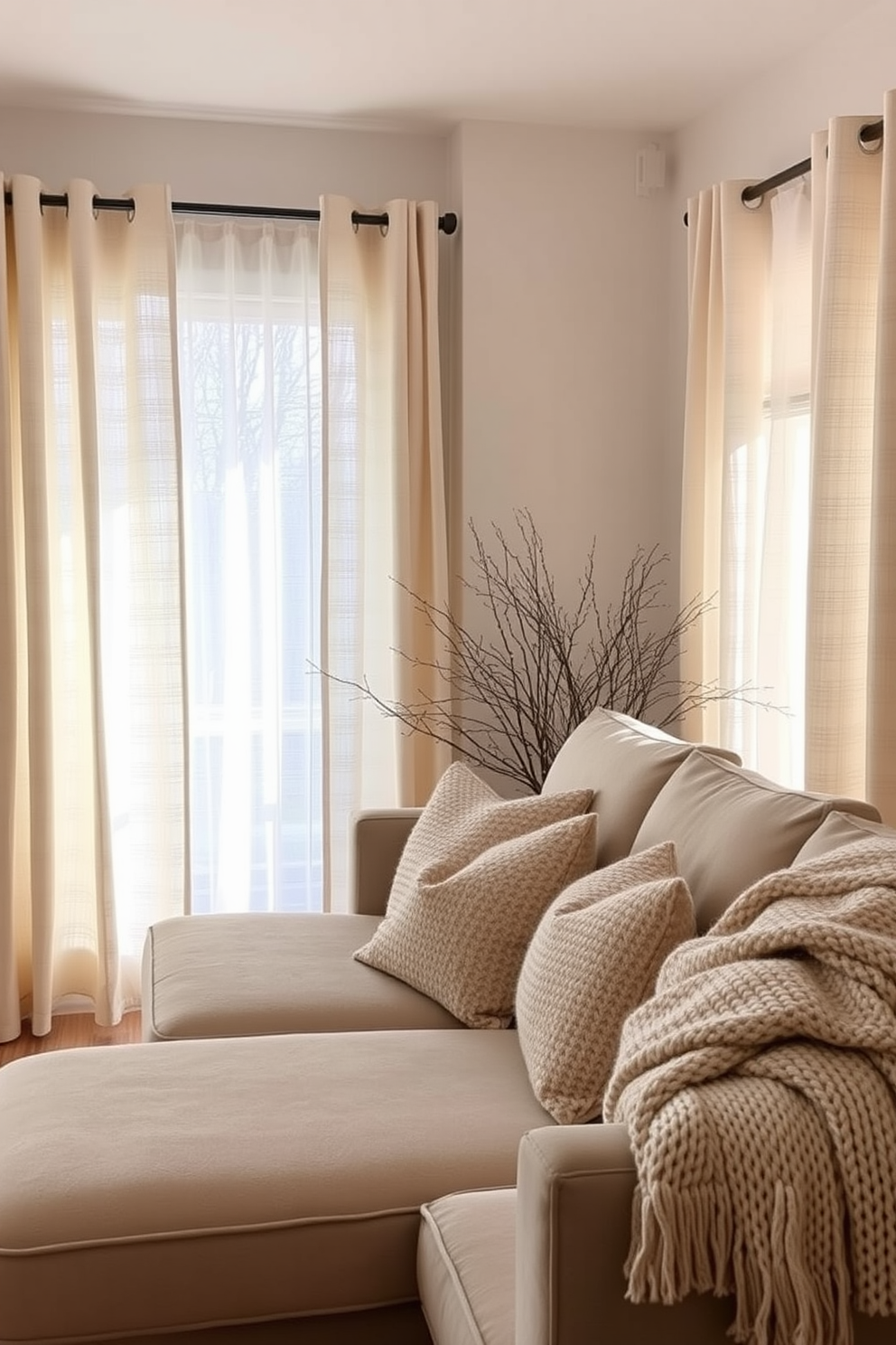 A cozy winter living room decorated with neutral curtains that gently soften the incoming light. The space features a plush sectional sofa adorned with textured throw pillows and a warm, knitted blanket draped over the arm.