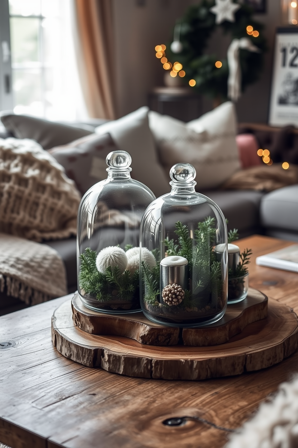 A cozy winter living room featuring glass terrariums filled with lush winter greenery. The terrariums are placed on a rustic wooden coffee table, surrounded by soft, textured blankets and warm, ambient lighting.