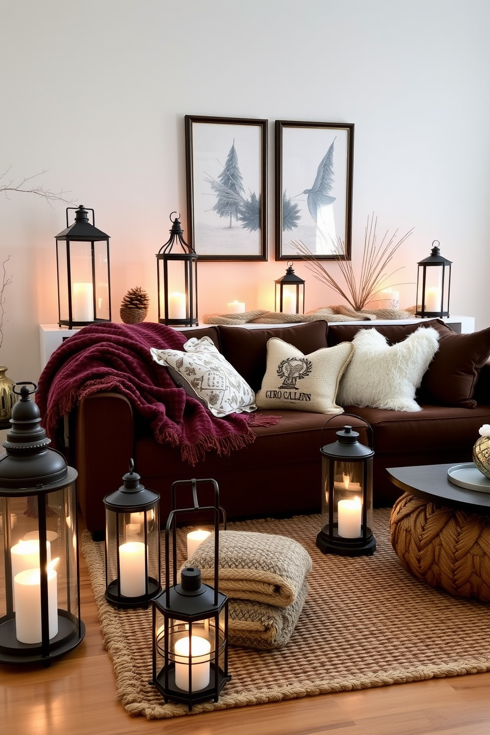 A winter living room features decorative lanterns strategically placed around the space to create a warm and inviting atmosphere. The lanterns, made of wrought iron and glass, emit a soft glow that complements the rich textures of plush blankets and cozy pillows scattered across a deep-colored sofa.