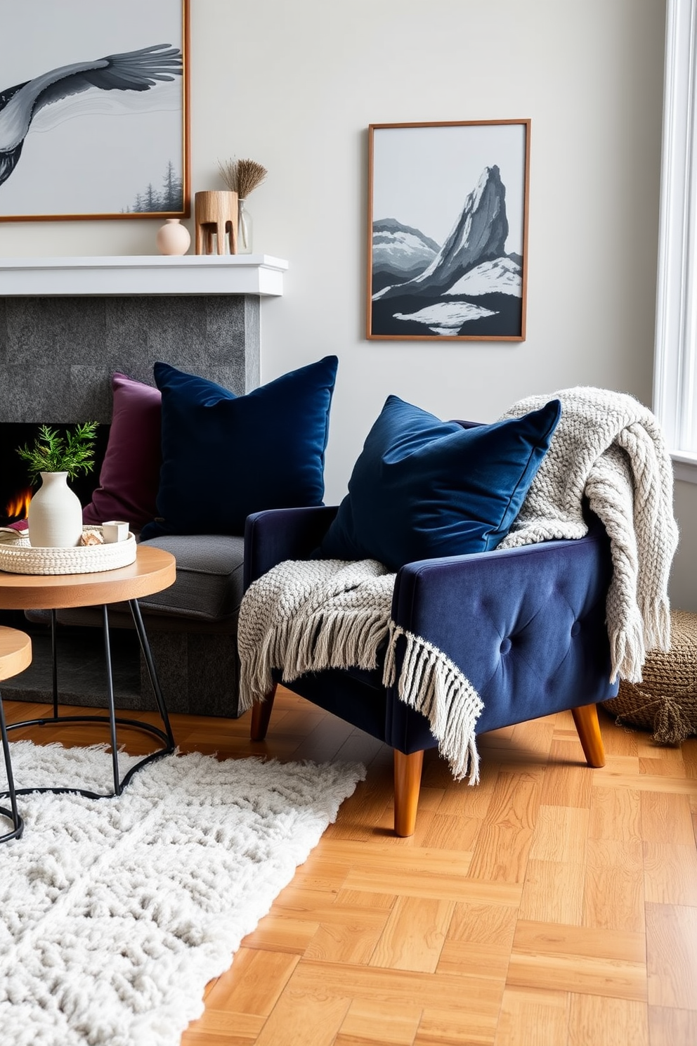 A cozy winter living room featuring layered curtains for insulation. The curtains are a mix of soft white sheer fabric and heavy, dark gray drapes that frame a large window overlooking a snowy landscape. A plush sectional sofa is adorned with warm, textured throw pillows in shades of deep blue and cream. A rustic wooden coffee table sits in the center, topped with a stack of books and a fragrant candle, creating an inviting atmosphere.