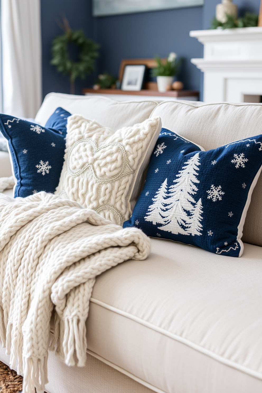 A cozy winter living room featuring a beautifully designed fireplace adorned with seasonal decorations. The mantel is decorated with evergreen garlands, pinecones, and candles, creating a warm and inviting atmosphere. Plush blankets and decorative pillows in shades of deep red and soft cream are arranged on a comfortable sofa. A stylish coffee table holds a tray with hot cocoa and festive ornaments, enhancing the seasonal charm of the space.