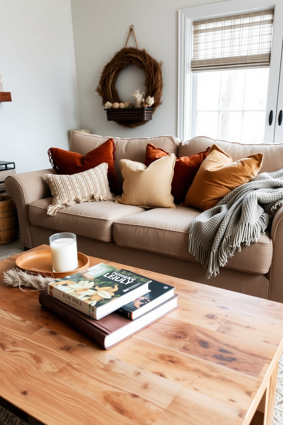 A cozy winter living room adorned with warm earth tone throw pillows scattered across a plush beige sofa. A rustic wooden coffee table sits in front, topped with a stack of books and a scented candle, while a soft throw blanket drapes over the armrest.