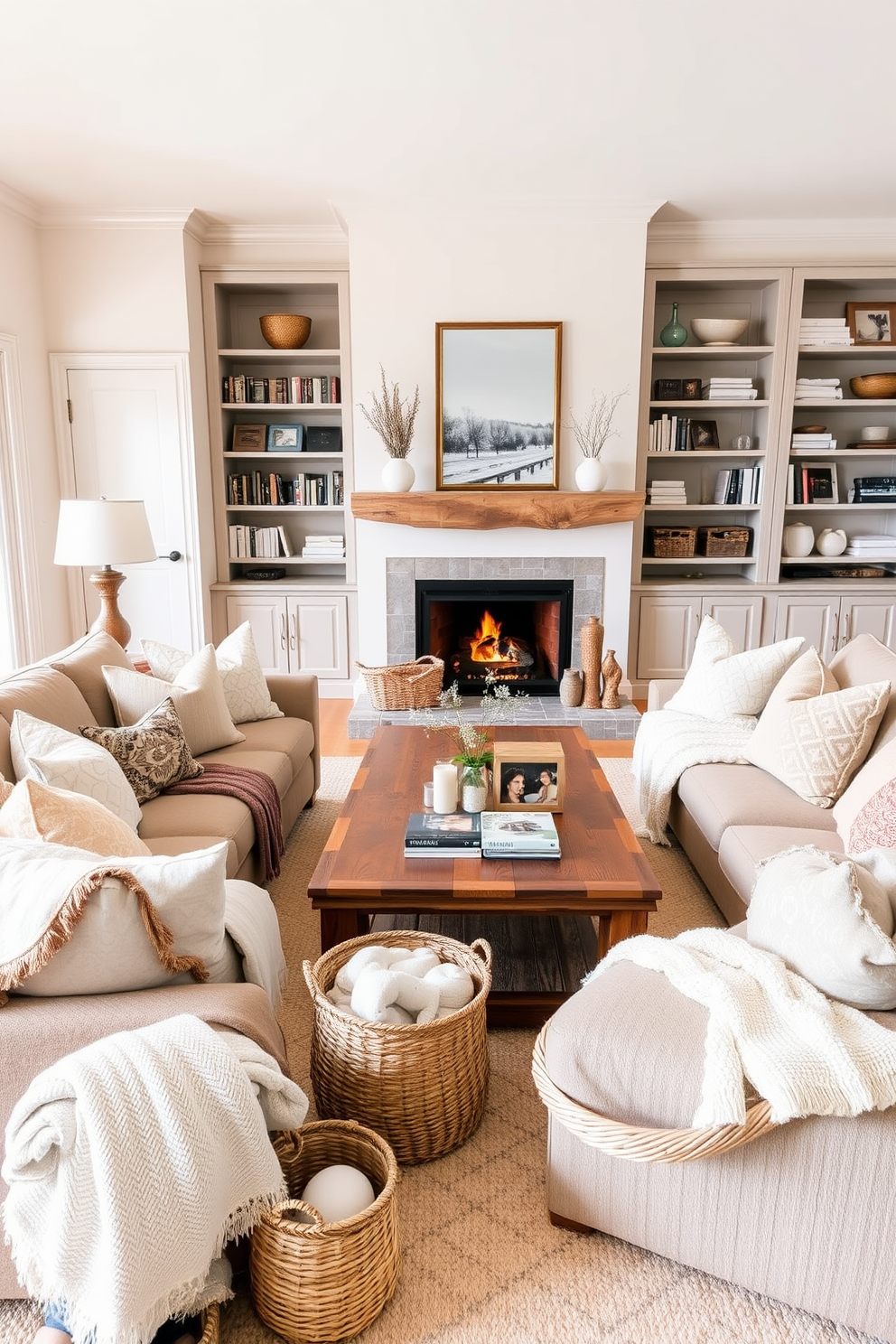 A warm and inviting winter living room features a large, plush sectional sofa adorned with soft throw pillows in muted tones. In the corner, a collection of woven baskets serves as cozy storage for blankets and magazines, adding texture and warmth to the space. The walls are painted in a soft cream color, complemented by a rustic wooden coffee table at the center. A crackling fireplace is flanked by two tall bookshelves filled with books and decorative items, creating a perfect winter retreat.