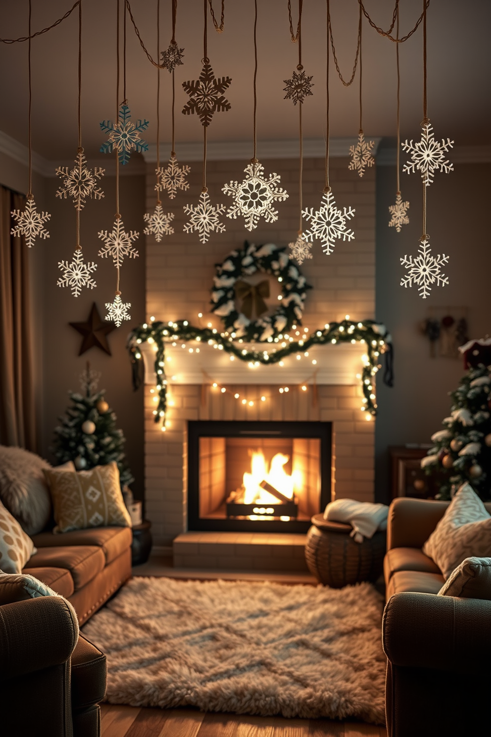 A cozy winter living room adorned with snowflake ornaments hanging from the ceiling. The fireplace is crackling softly, surrounded by plush seating and a soft, thick rug underfoot.